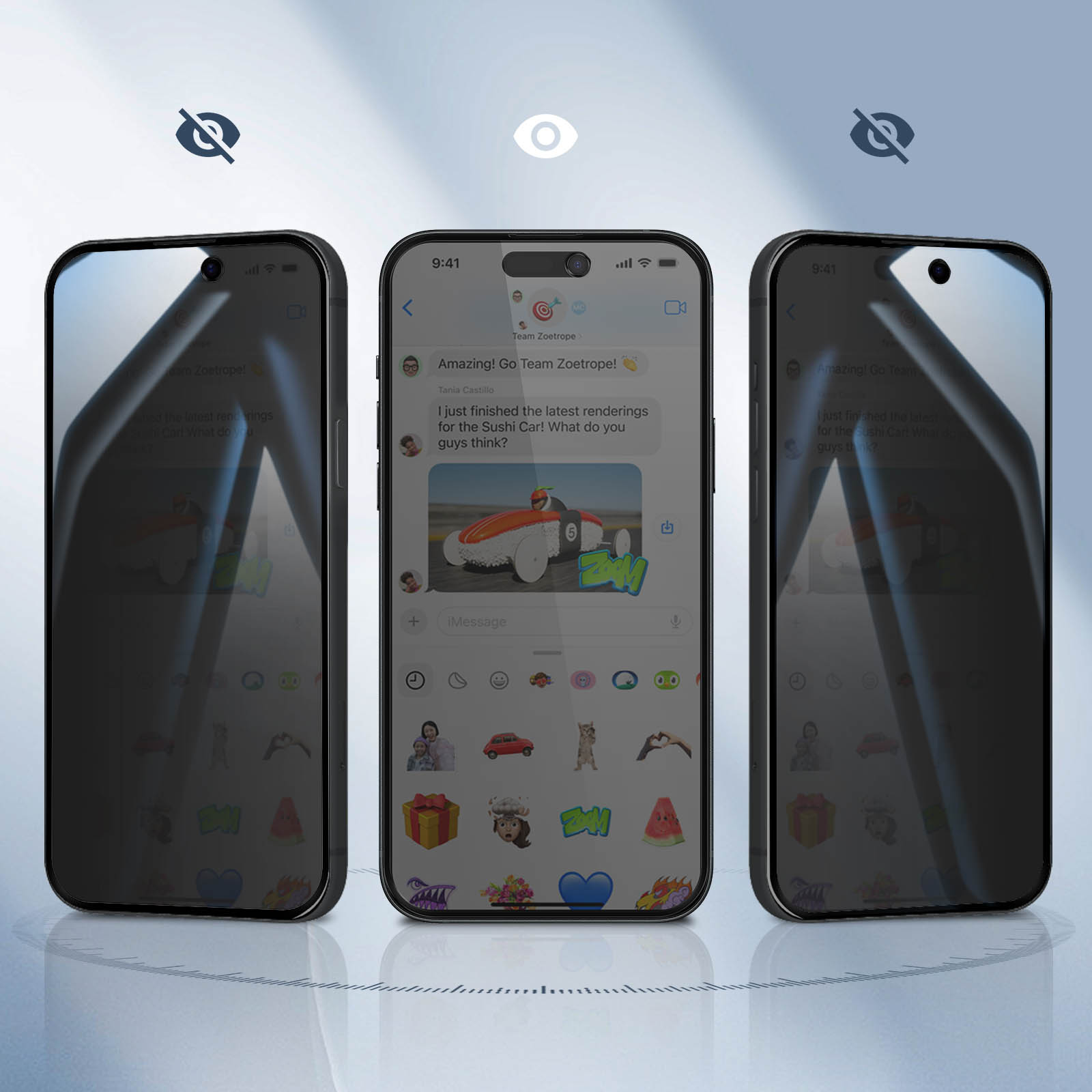 Tre smartphone mostrano una discussione sui rendering di un'auto sushi. I telefoni hanno uno schermo riflettente.