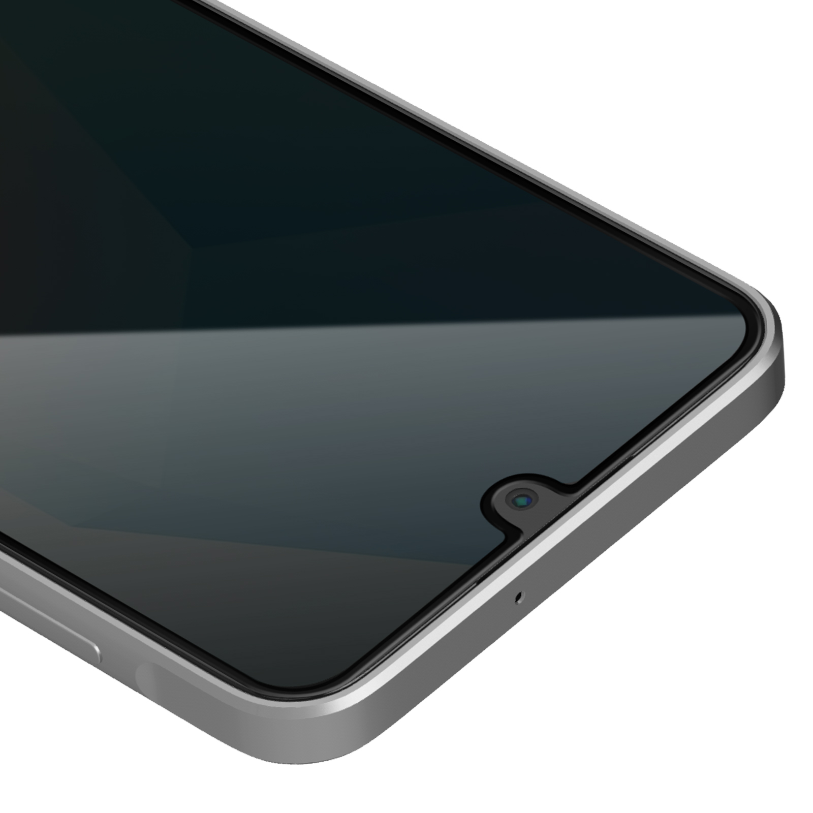 Primo piano di uno smartphone. Lo schermo è scuro, con un ritaglio per la fotocamera. Il telefono ha una cornice argentata. Sfondo bianco.