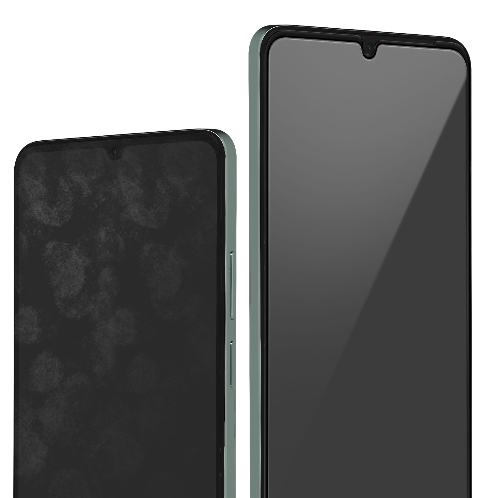 Due smartphone, uno con impronte digitali visibili. Entrambi hanno schermi scuri. Uno è a fuoco, l'altro leggermente sfocato.