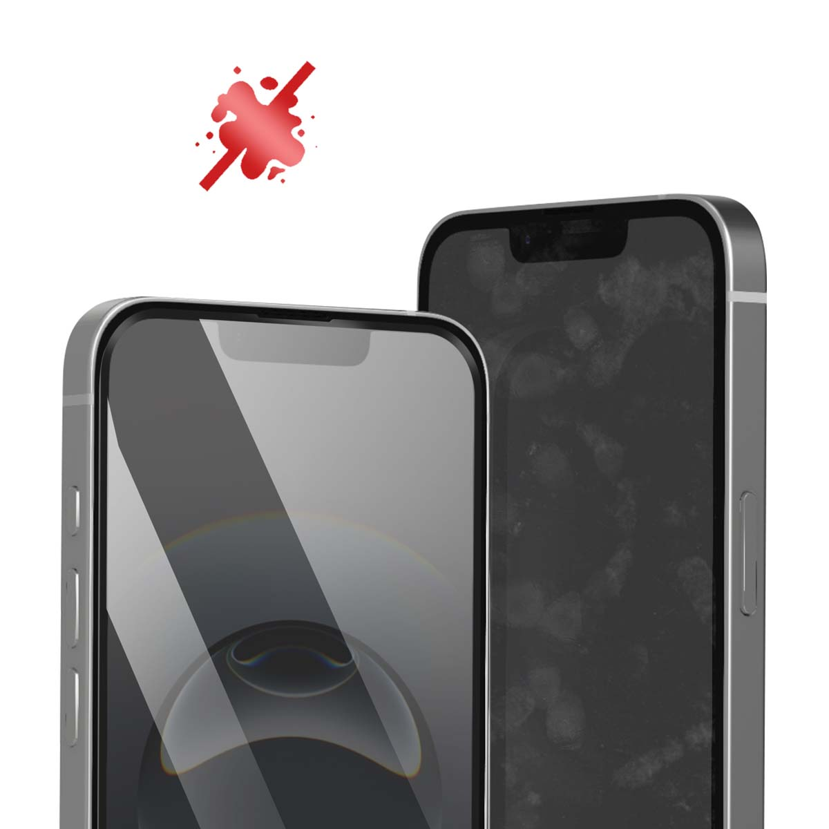 Deux smartphones argentés avec écrans noirs, un avec un reflet arc-en-ciel. Un éclaboussure rouge en haut à gauche.