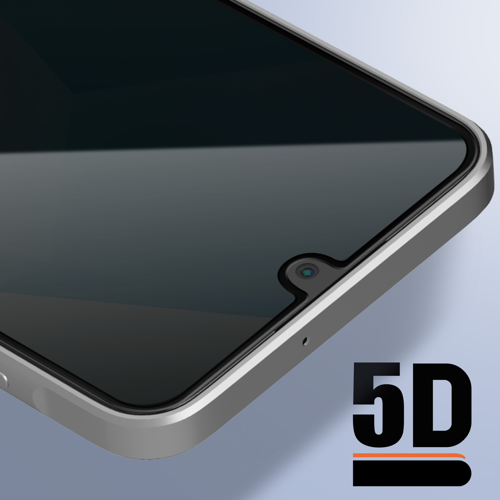 Primo piano di uno smartphone con protezione schermo. Il telefono ha una fotocamera in alto e un logo 5D in basso a destra.