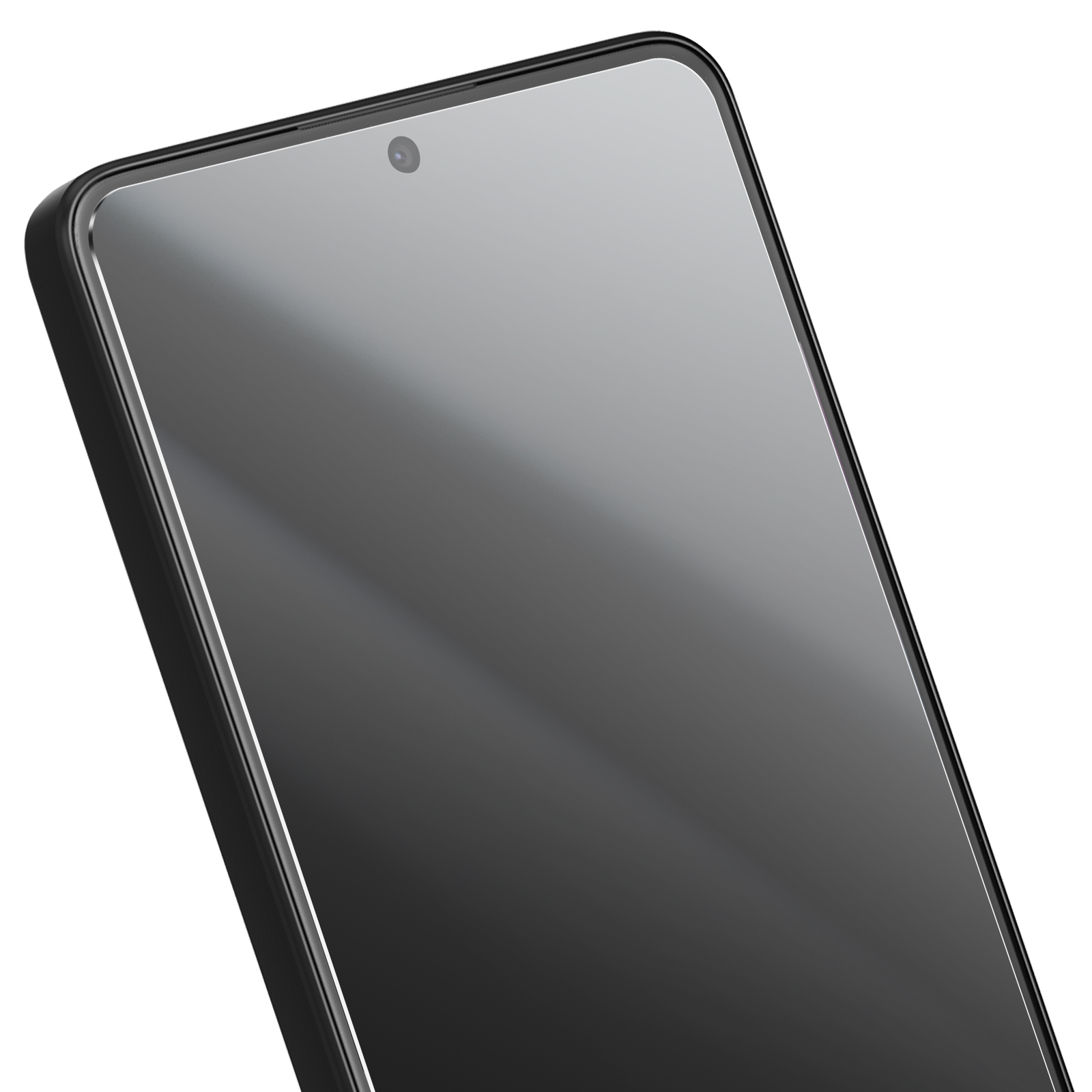 Primo piano dello schermo di uno smartphone. Telefono nero con fotocamera in alto. Lo schermo è riflettente e angolato.