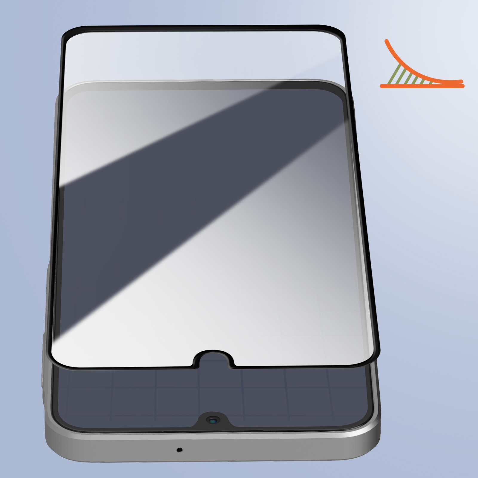 Uno smartphone con una protezione per lo schermo. Il telefono è grigio, la protezione è trasparente. Un grafico arancione e verde è sullo sfondo.