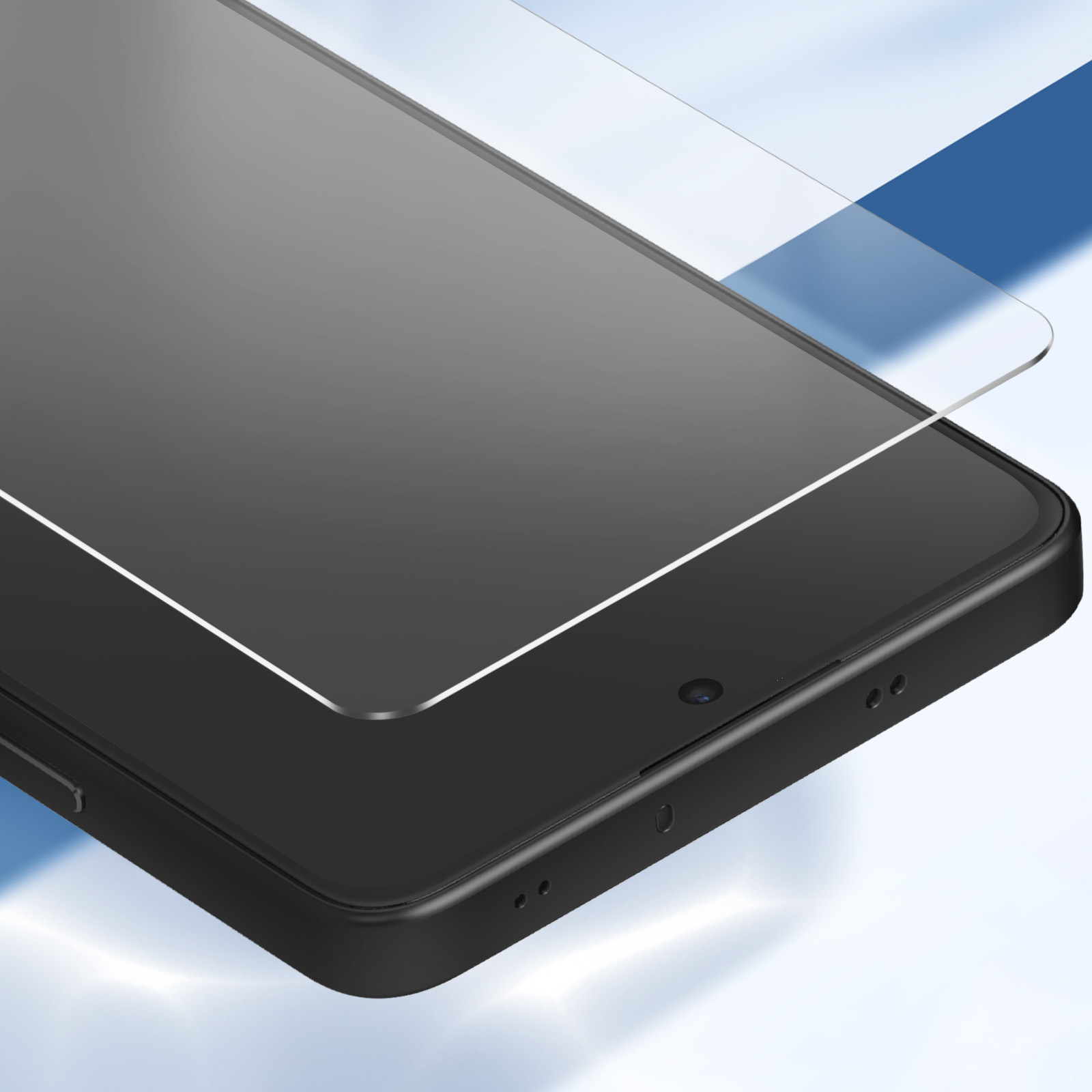 Primo piano di uno smartphone nero con una protezione per lo schermo applicata. È visibile uno sfondo sfumato blu.