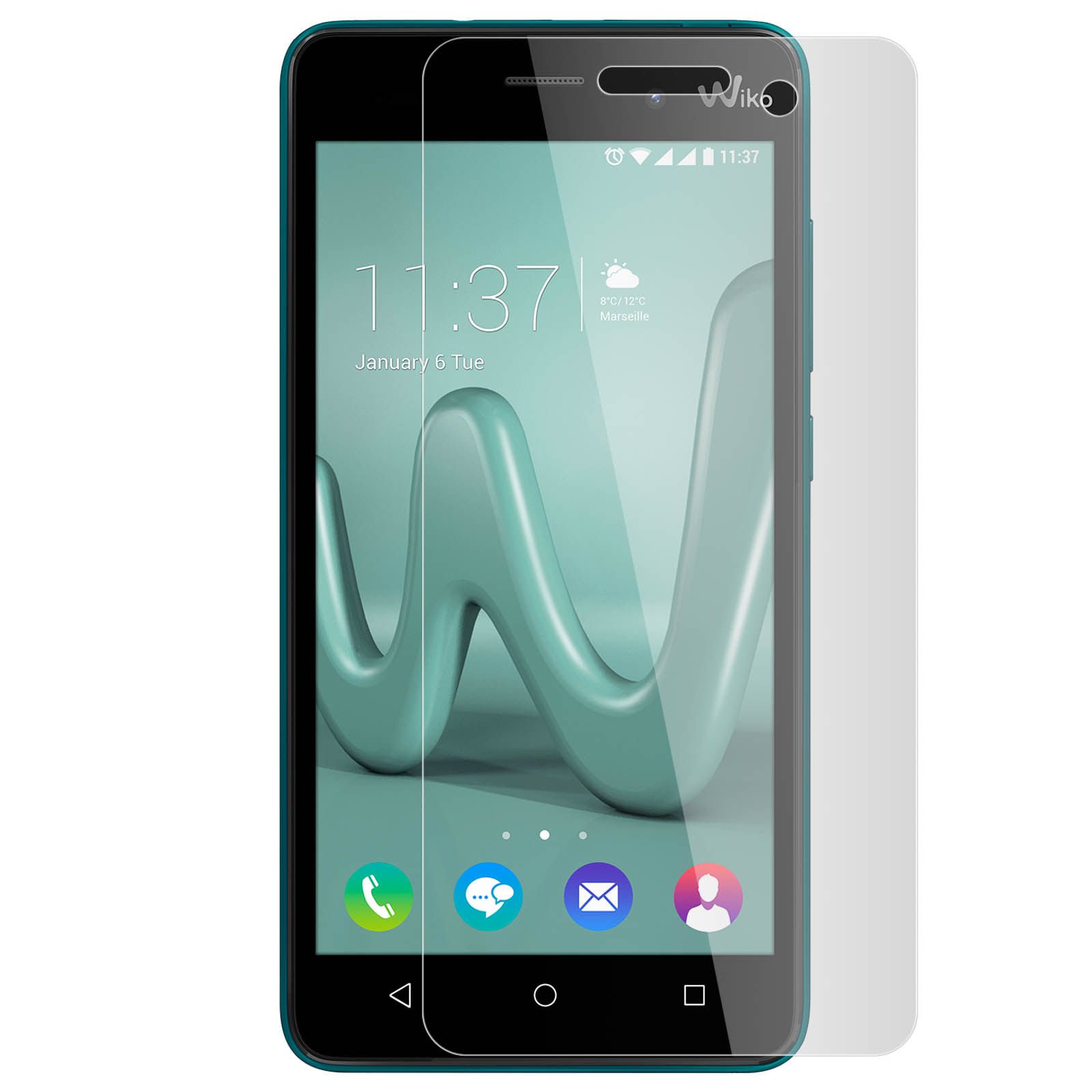 Een turquoise Wiko-telefoon met schermbeschermer toont 11:37, 6 januari en een weericoon voor Marseille.