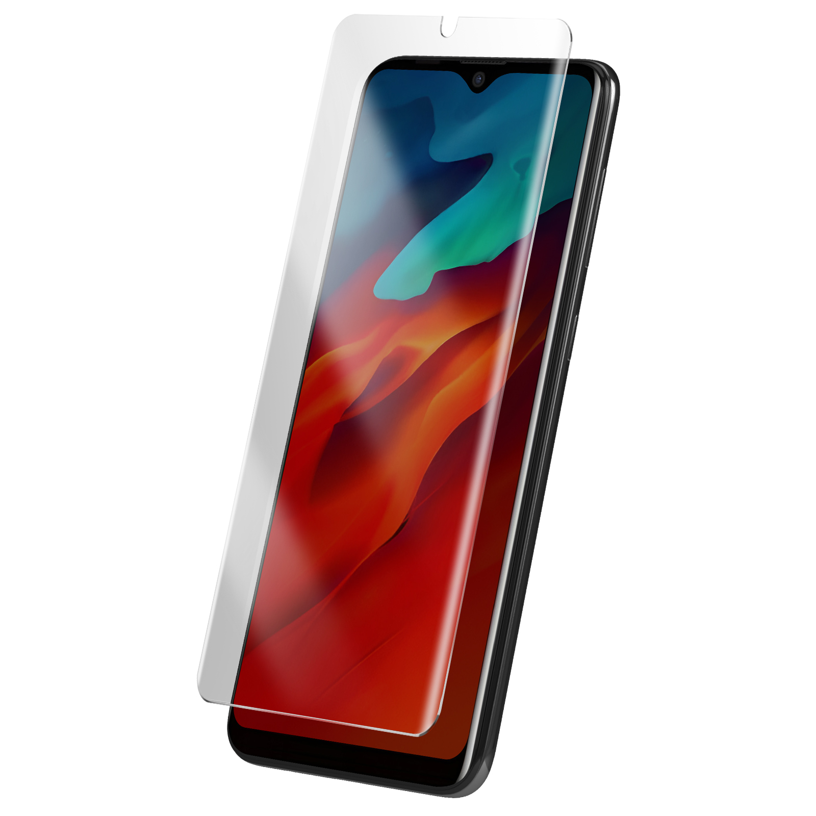 Uno smartphone con una protezione per lo schermo applicata. Lo schermo mostra un design astratto colorato. Il telefono è nero. Sfondo bianco.
