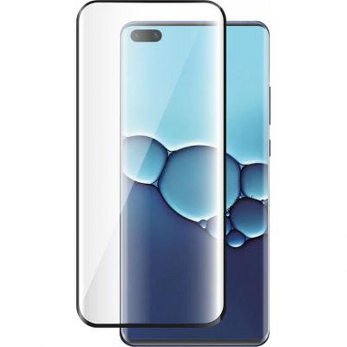 Un téléphone avec un protecteur d'écran. Le téléphone a un fond bleu et blanc. Le protecteur est transparent et à gauche.