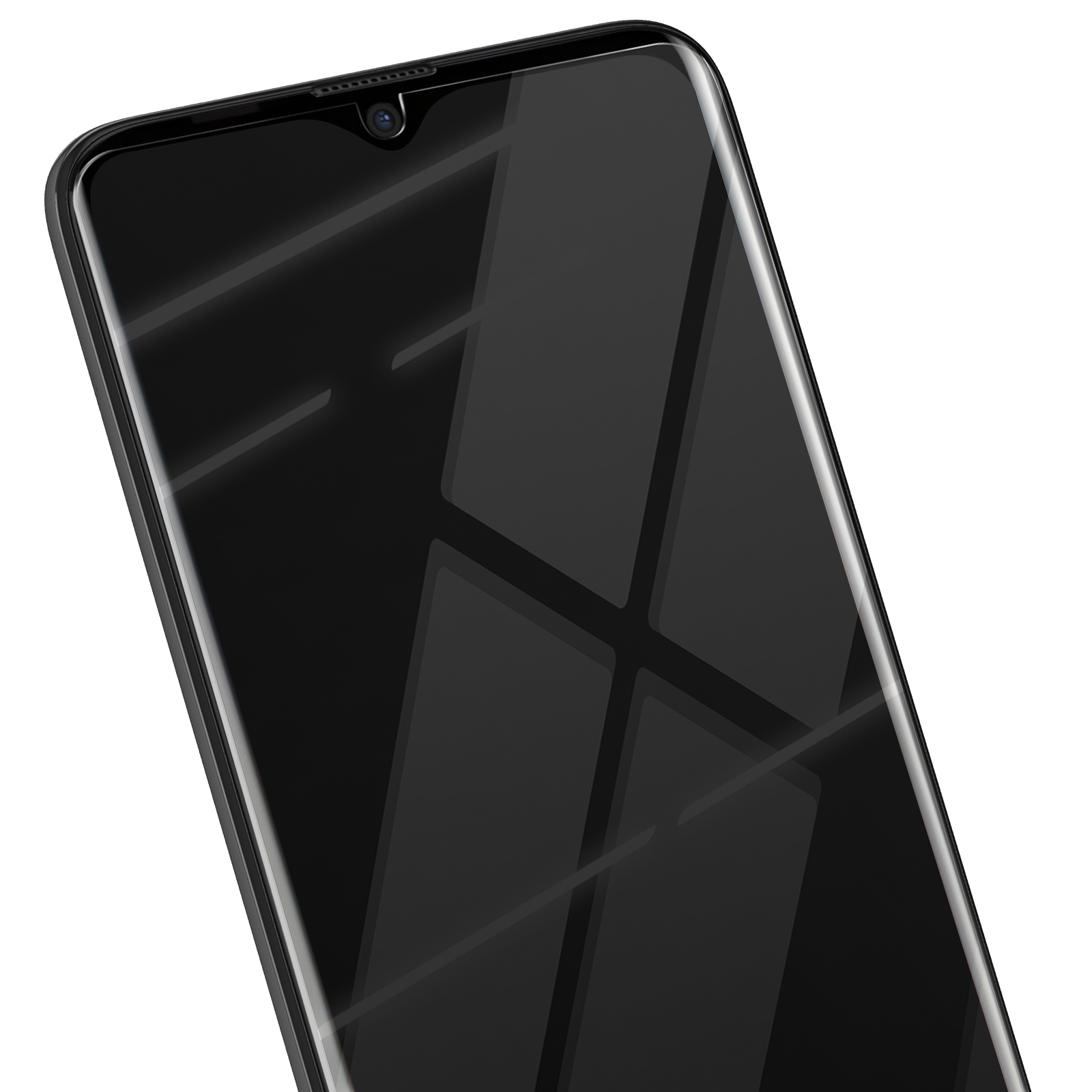 Un primo piano di uno schermo nero di smartphone. Lo schermo è riflettente. La parte superiore ha un ritaglio per la fotocamera. Il telefono è angolato.