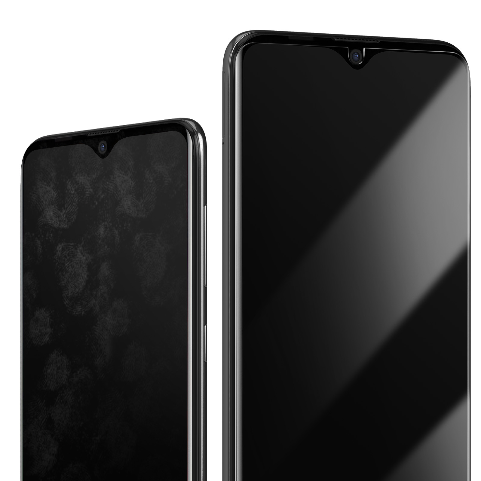 Due smartphone neri su bianco. Uno con impronte digitali, l'altro pulito. Entrambi hanno fotocamere frontali.
