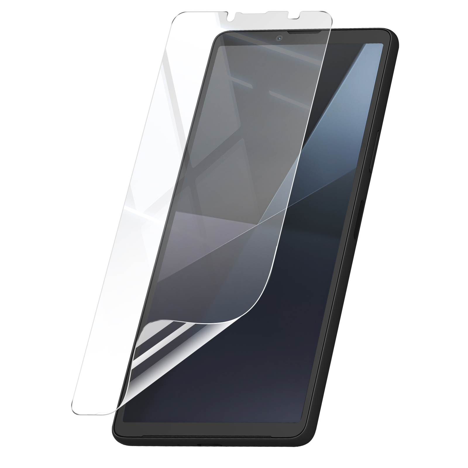 Uno smartphone con una protezione per lo schermo in fase di applicazione. La protezione è trasparente e il telefono è nero.