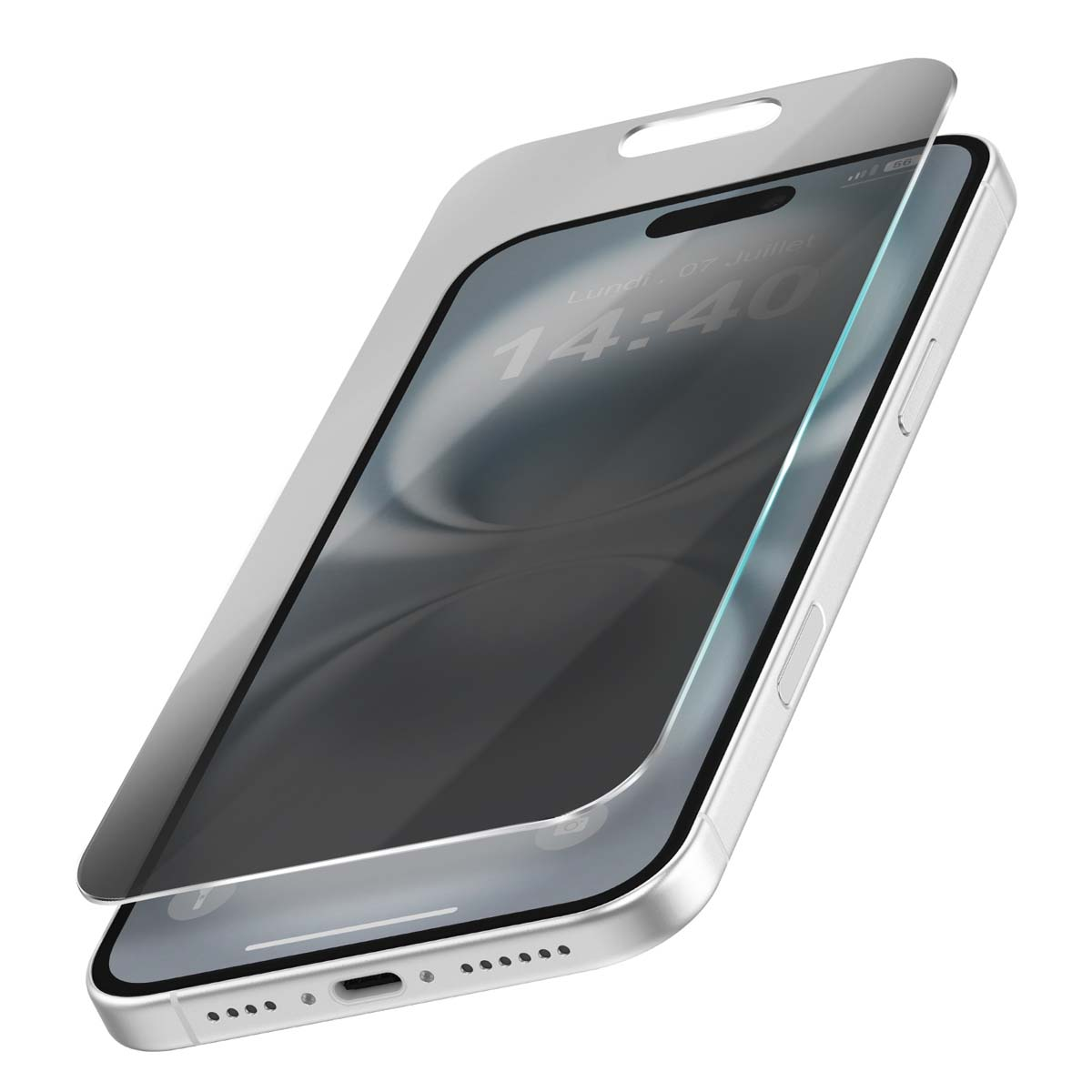 Zilveren smartphone met schermbeschermer. Het scherm toont tijd en datum. De beschermer is gedeeltelijk opgetild.