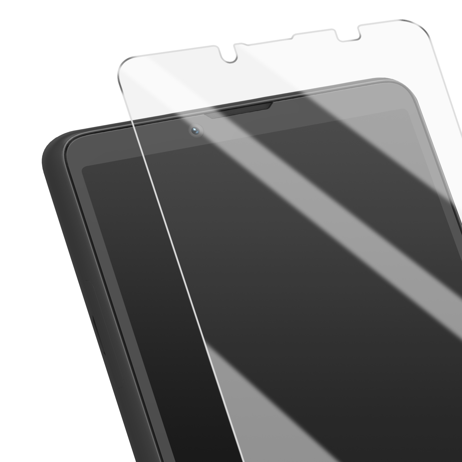 Uno smartphone nero con una protezione per lo schermo in fase di applicazione. La protezione è trasparente e ha bordi arrotondati.