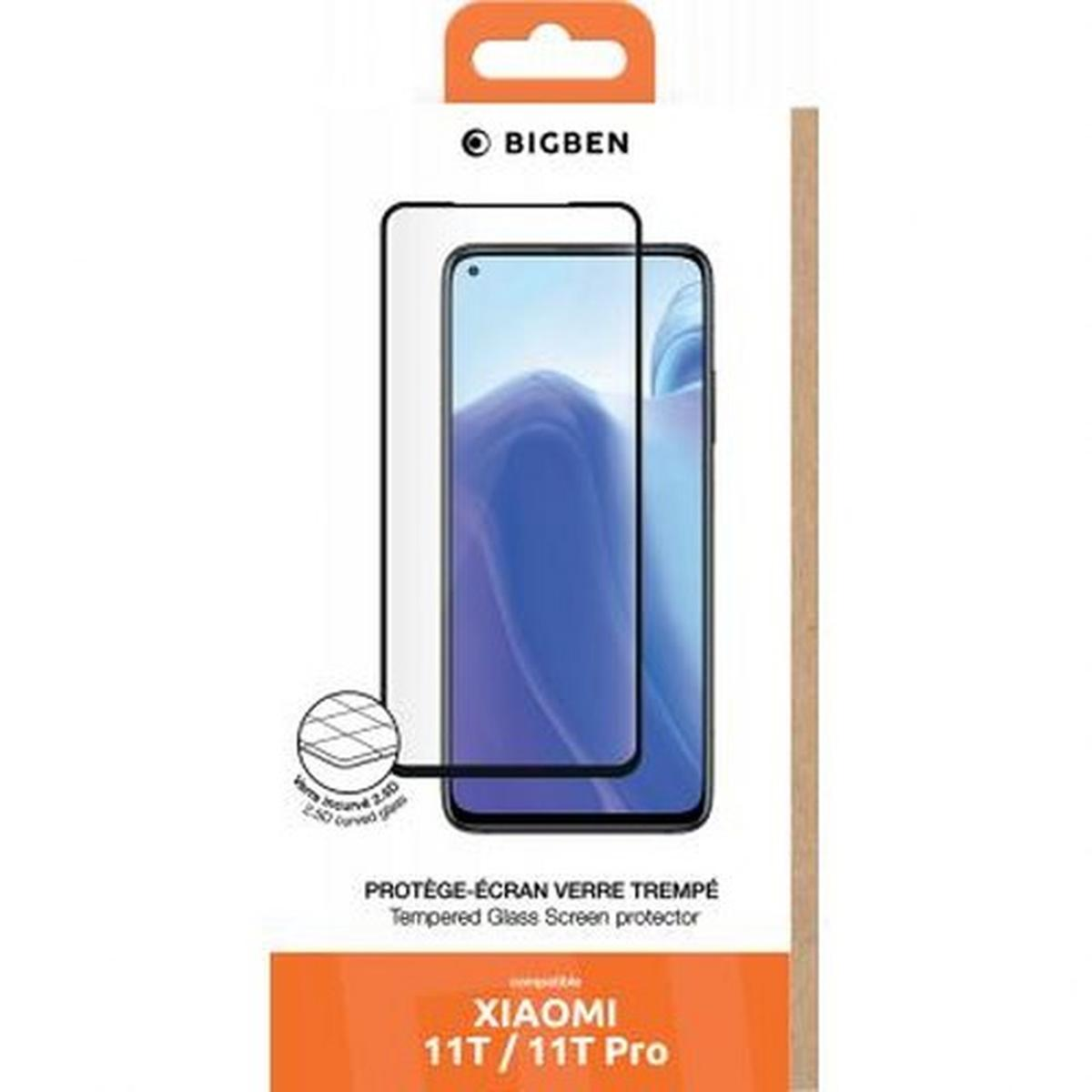Een schermbeschermer voor Xiaomi 11T/11T Pro. De verpakking toont de telefoon met de beschermer, het merk BIGBEN en productdetails.