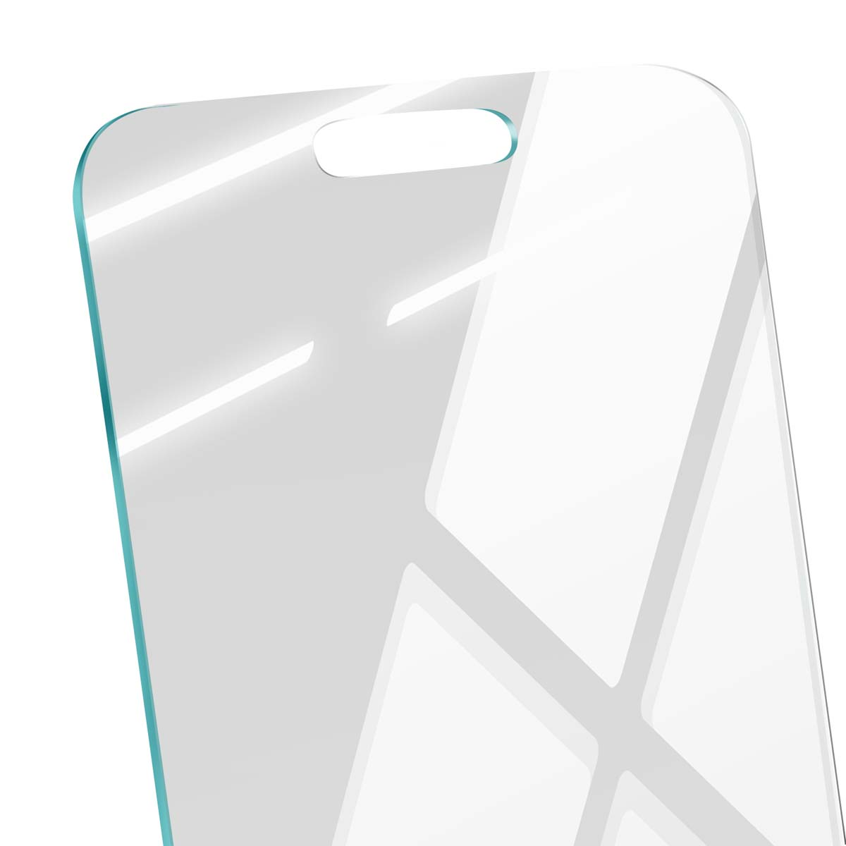 Een heldere, beschermende screenprotector voor een telefoon. Het heeft een afgeronde bovenkant met een kleine uitsparing. Randen zijn lichtblauw, reflecteren licht.