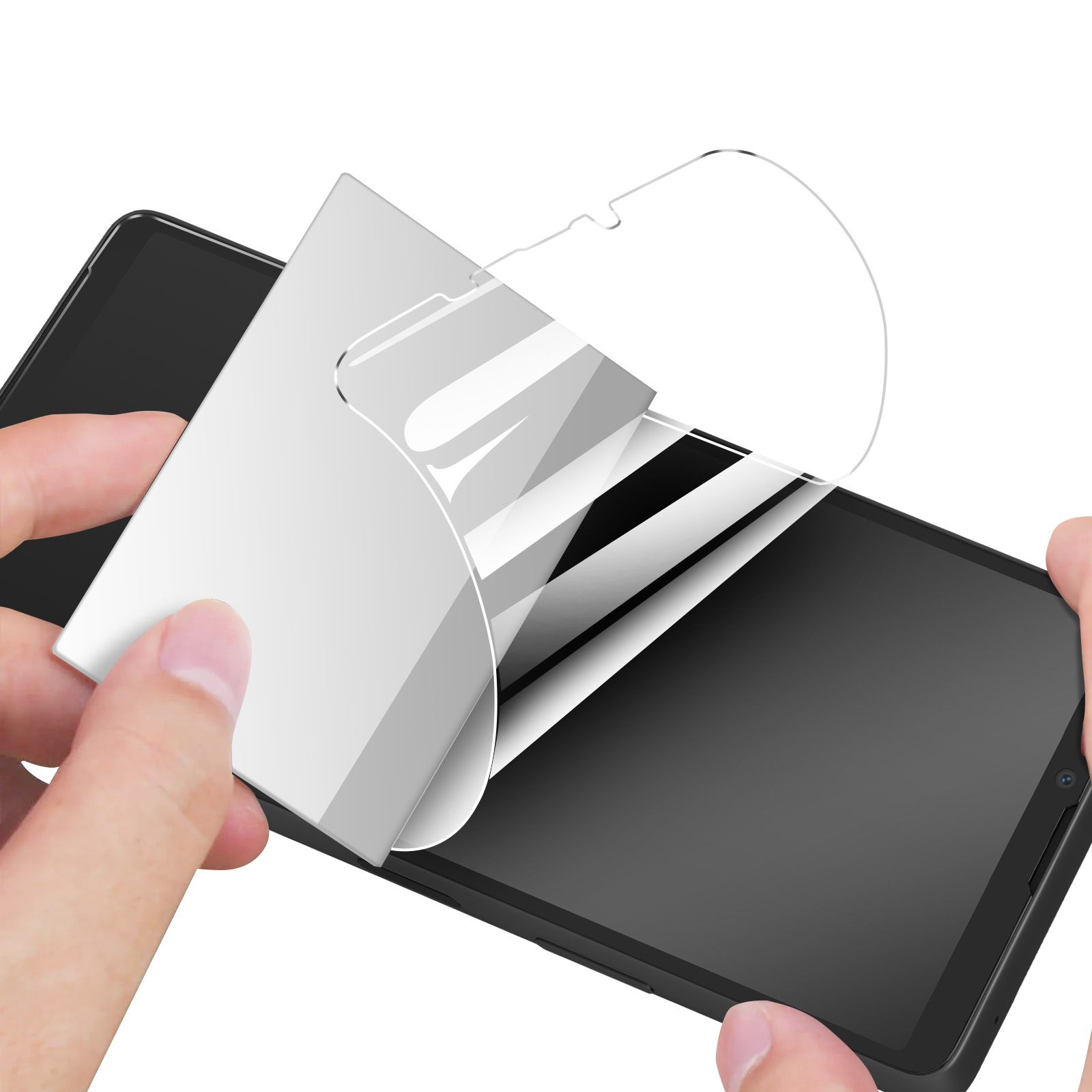 Mani che staccano una protezione schermo da uno smartphone nero. La protezione è parzialmente rimossa, rivelando lo schermo.