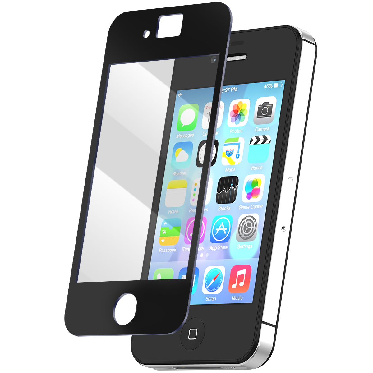 Een iPhone met een schermbeschermer. Pictogrammen zijn zichtbaar op het scherm. De telefoon is zwart, met zilveren rand.