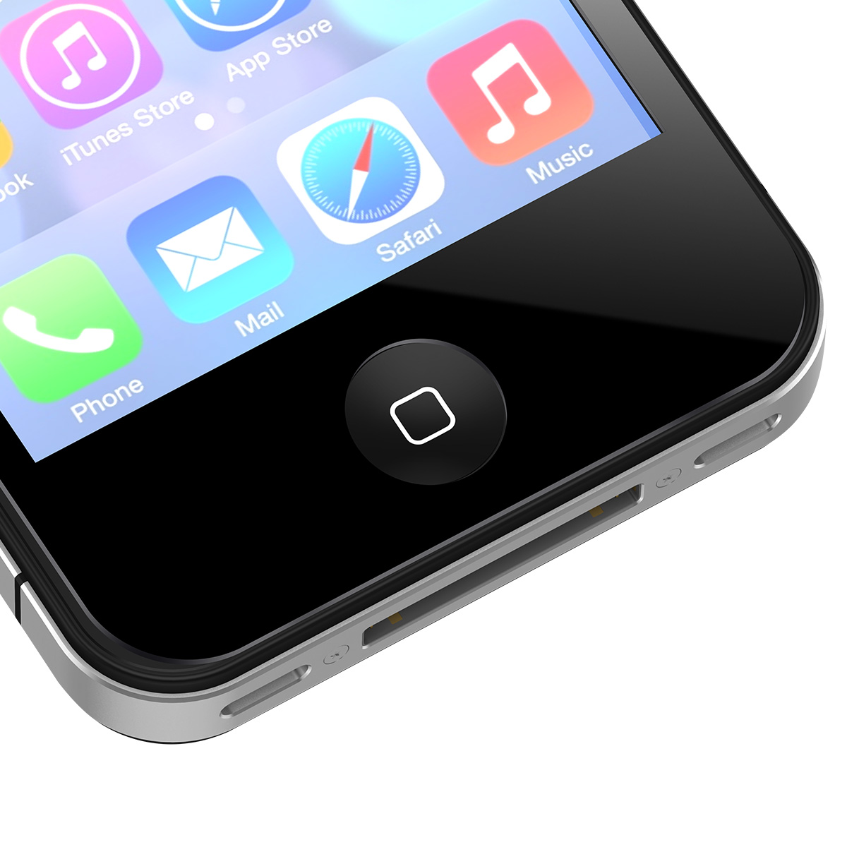 Close-up van een iPhone met de homeknop, het scherm met apps zoals iTunes, Safari en Muziek en een zilveren frame.