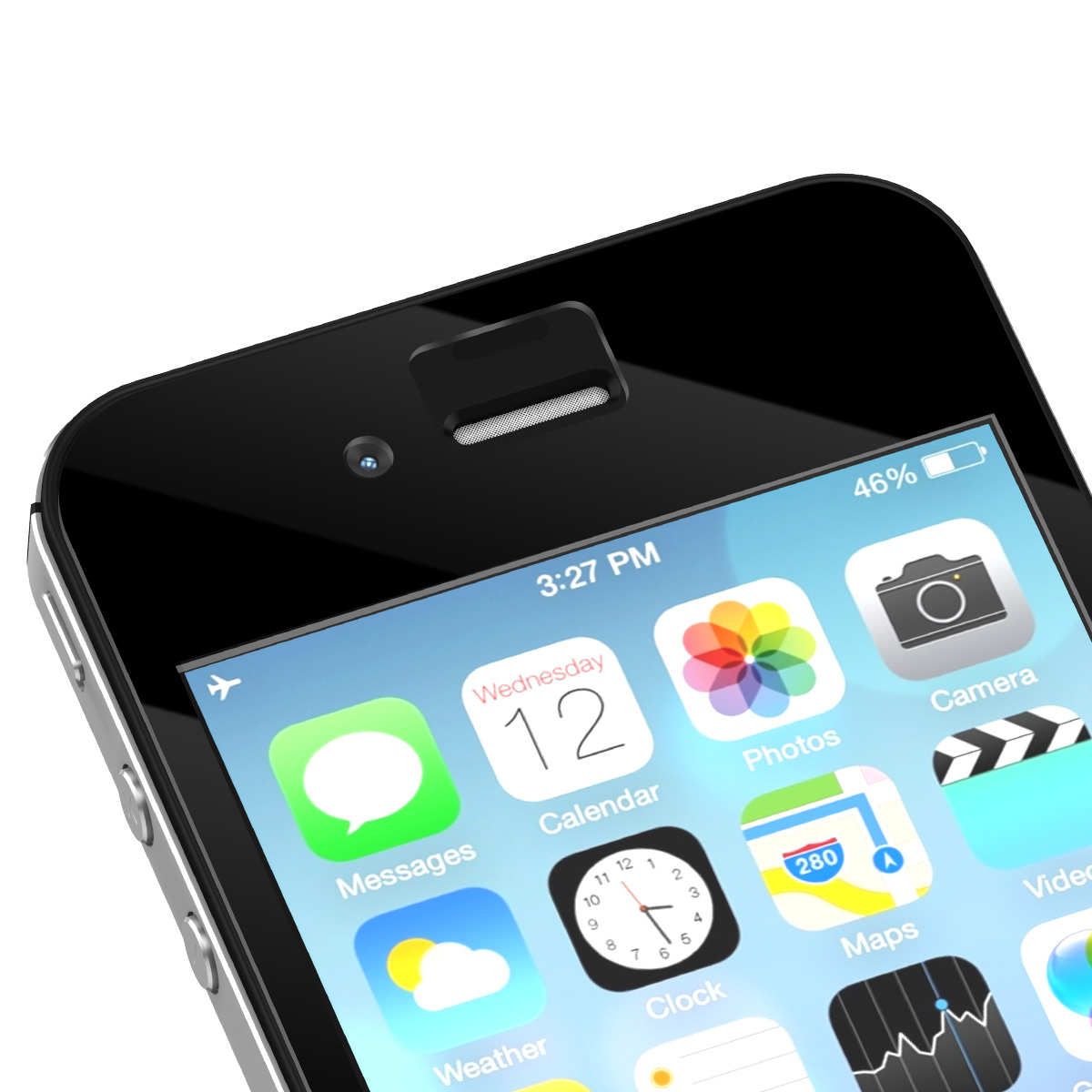 Close-up van het iPhone-scherm met app-iconen, tijd en batterijstatus. De telefoon is zwart en zilver.
