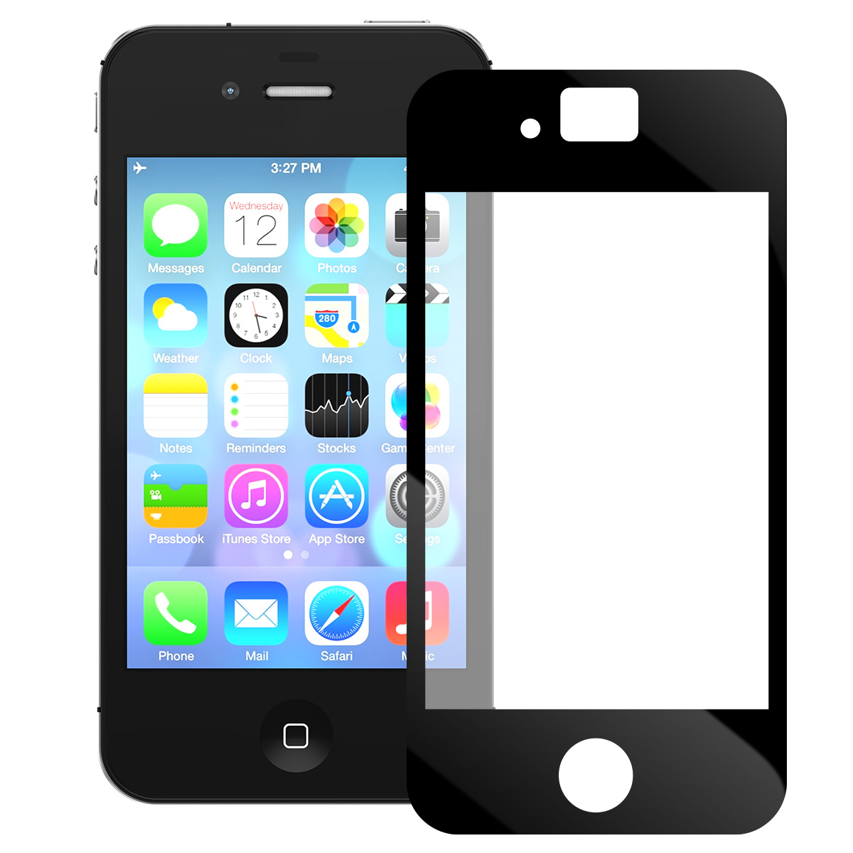 Zwarte iPhone met schermbeschermer. Het scherm toont app-iconen. De beschermer is zwart en bedekt het scherm gedeeltelijk.