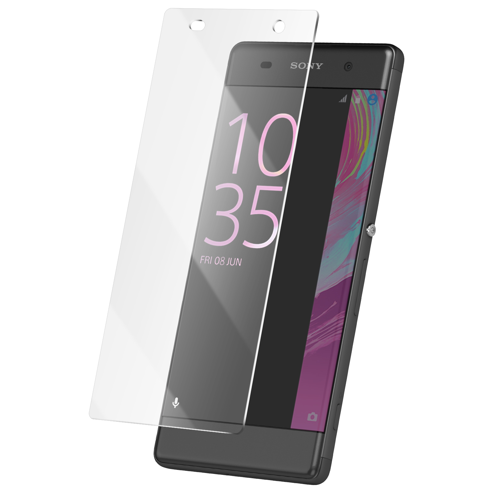 Uno smartphone Sony nero con una protezione per lo schermo. Lo schermo mostra l'ora e la data. La protezione è trasparente.