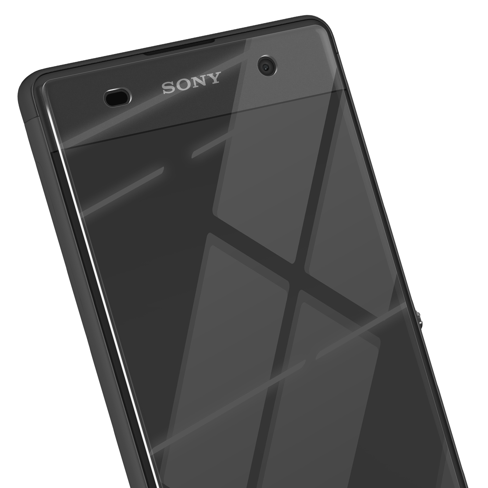 Primo piano di uno smartphone Sony nero. Il telefono ha uno schermo lucido con riflessi di luce e il logo Sony.