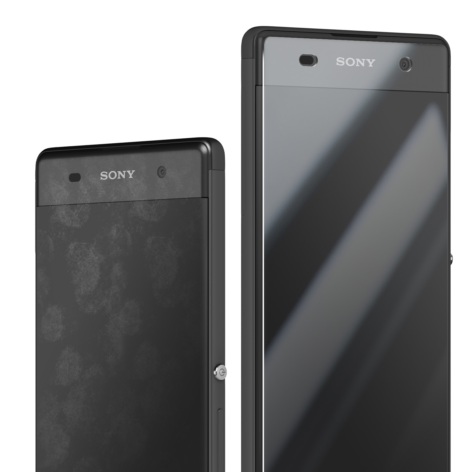 Due smartphone Sony neri. Quello a sinistra ha macchie di impronte digitali. Entrambi i telefoni hanno una fotocamera frontale e il logo Sony.