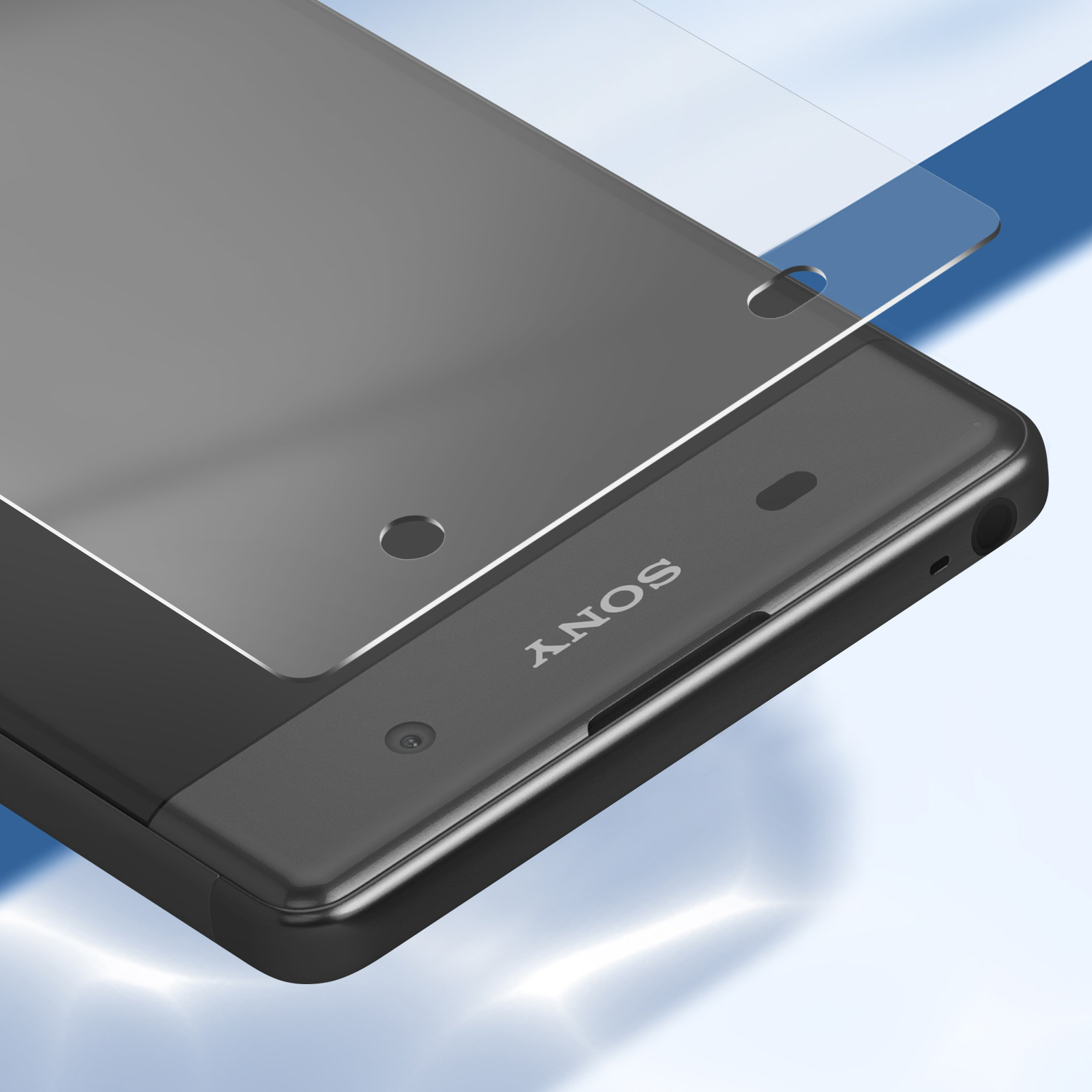 Un telefono Sony nero con una protezione per lo schermo applicata. Sfondo blu e bianco.