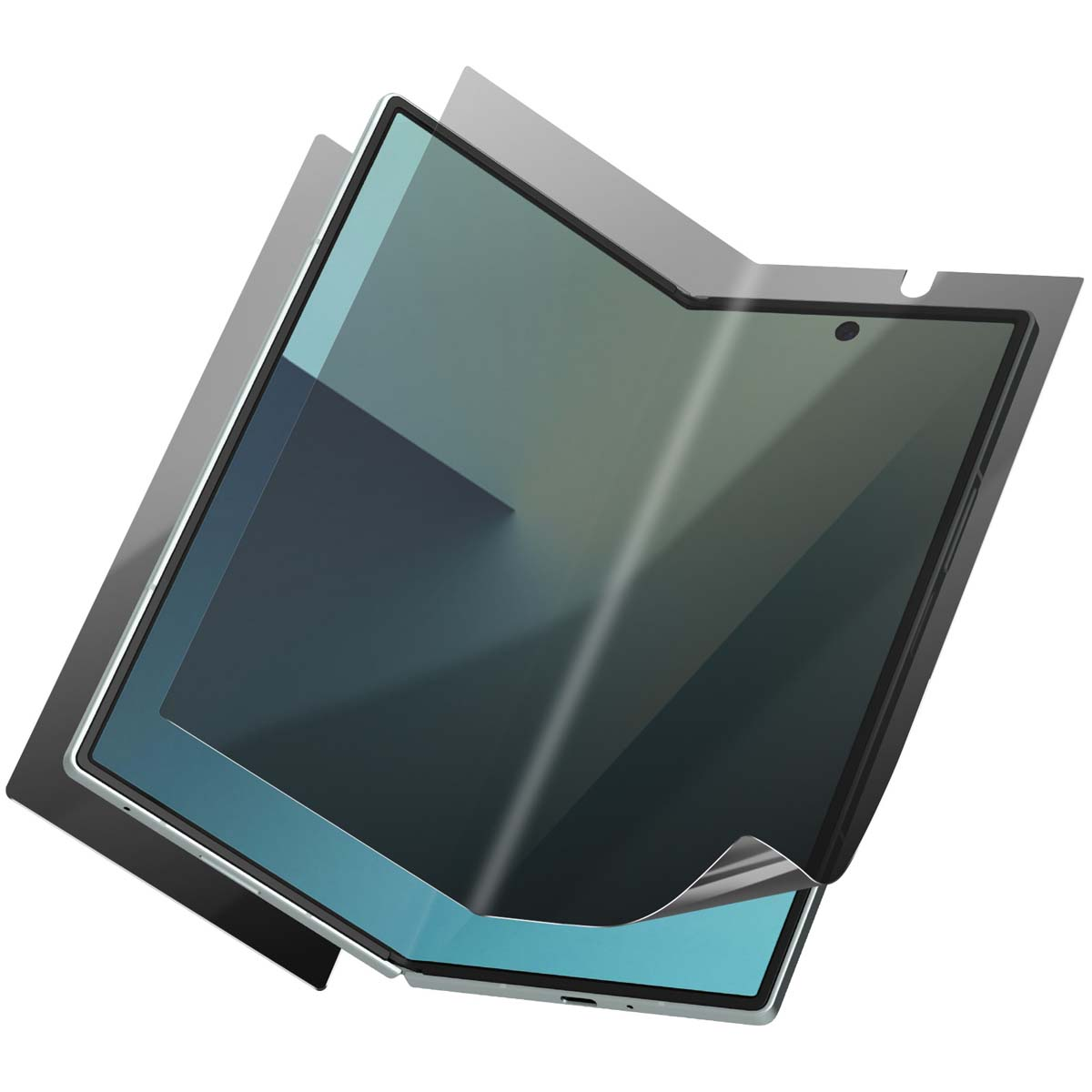 Tablet pieghevole con protezione schermo. Lo schermo è scuro con una fotocamera e una striscia blu in basso.