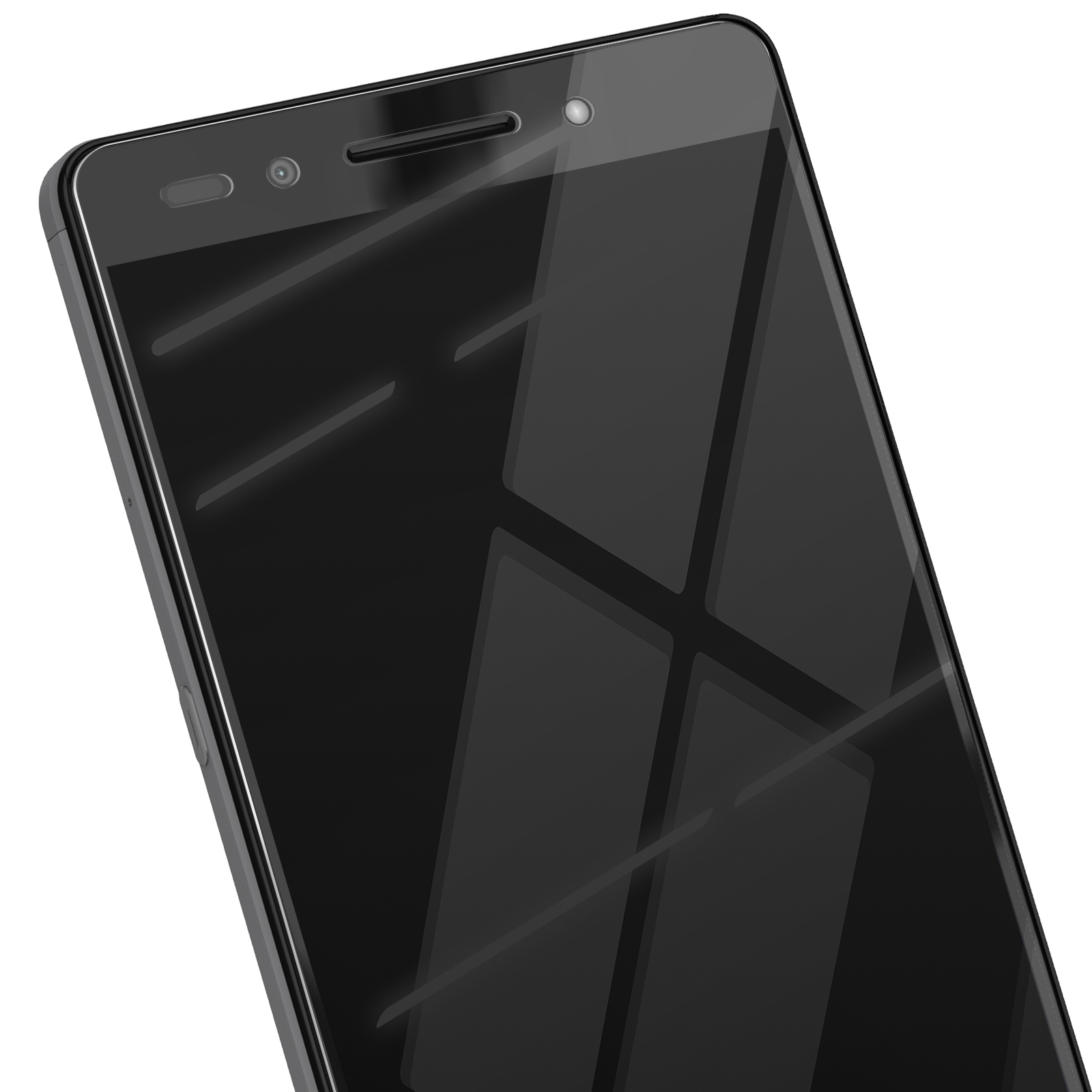 Uno smartphone nero, vista angolata. Lo schermo riflette la luce. Fotocamera e altoparlante visibili in alto.