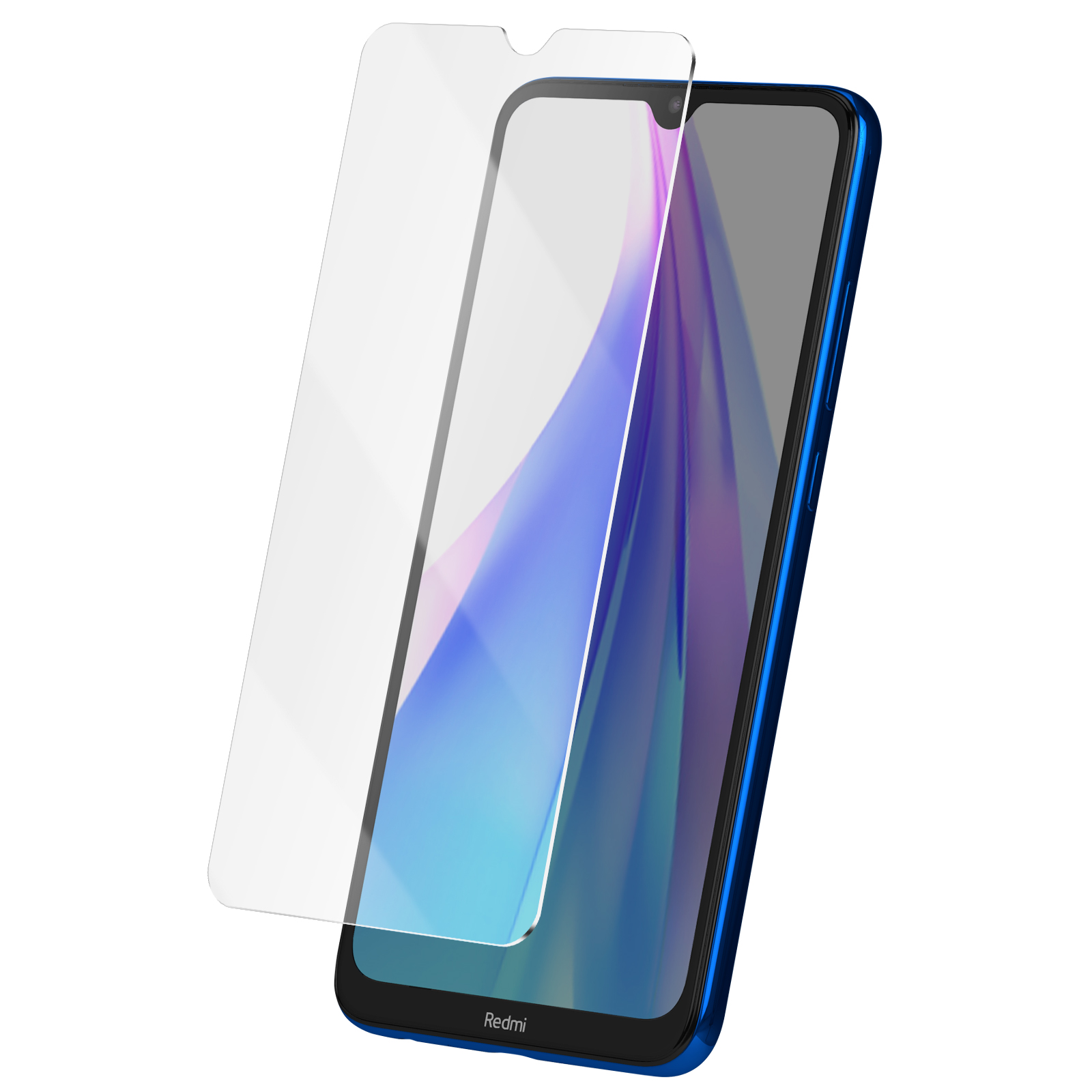 Uno smartphone blu con una protezione per lo schermo. Il telefono è su sfondo bianco.