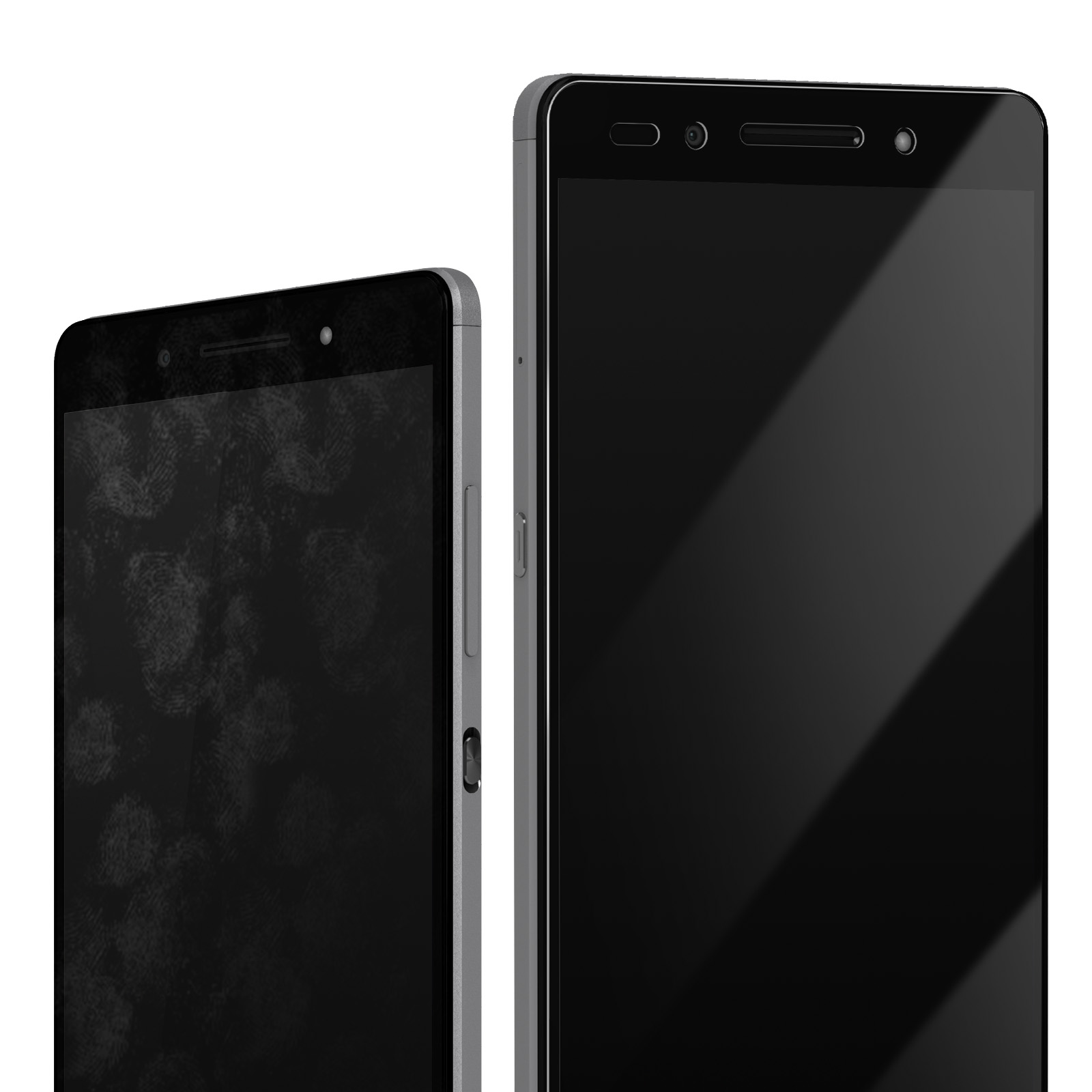 Due smartphone uno accanto all'altro. Schermi neri e cornici argentate. Un telefono ha impronte digitali. Isolato su bianco.