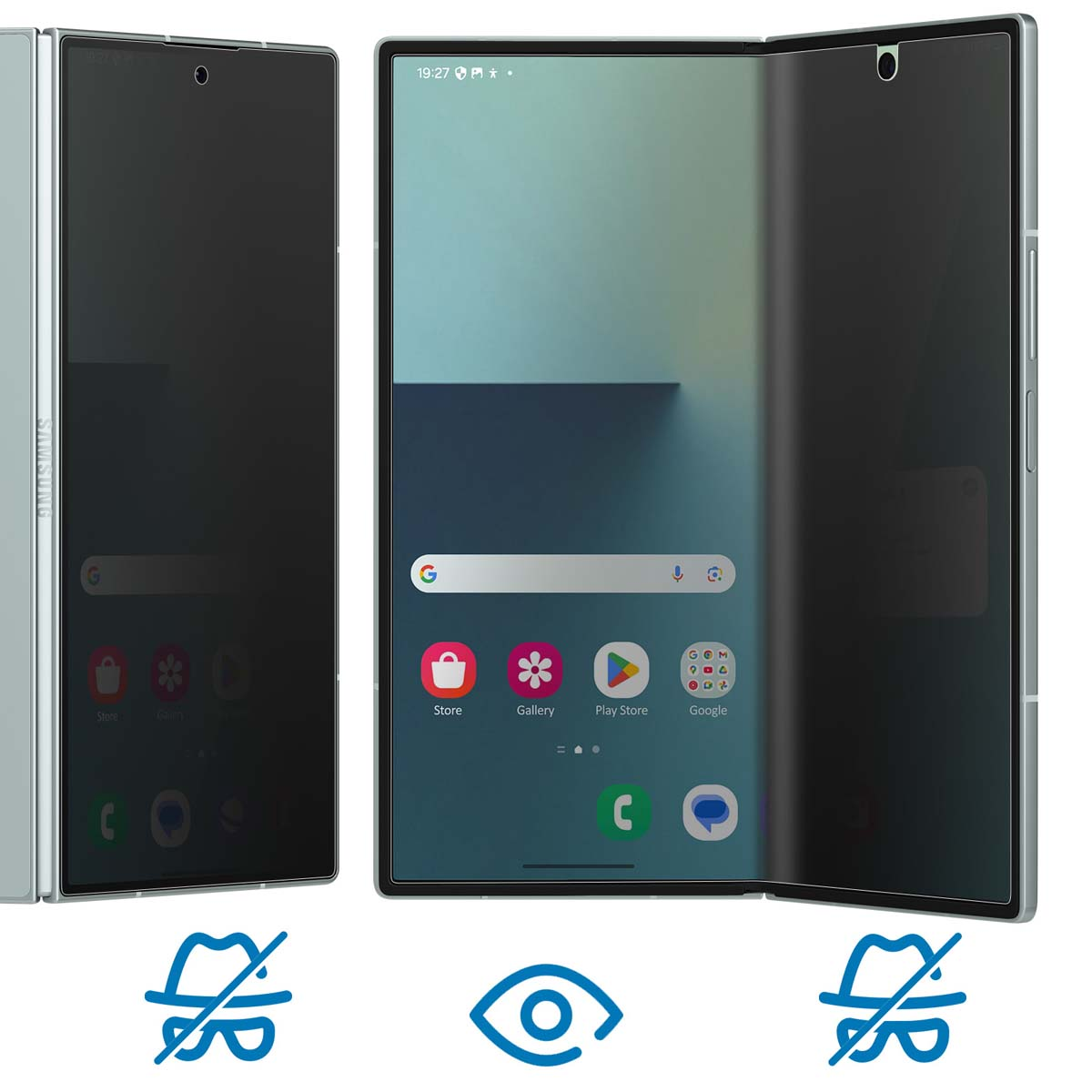 Un telefono pieghevole Samsung, parzialmente aperto. Lo schermo mostra icone di app e una barra di ricerca. Il telefono è verde chiaro.
