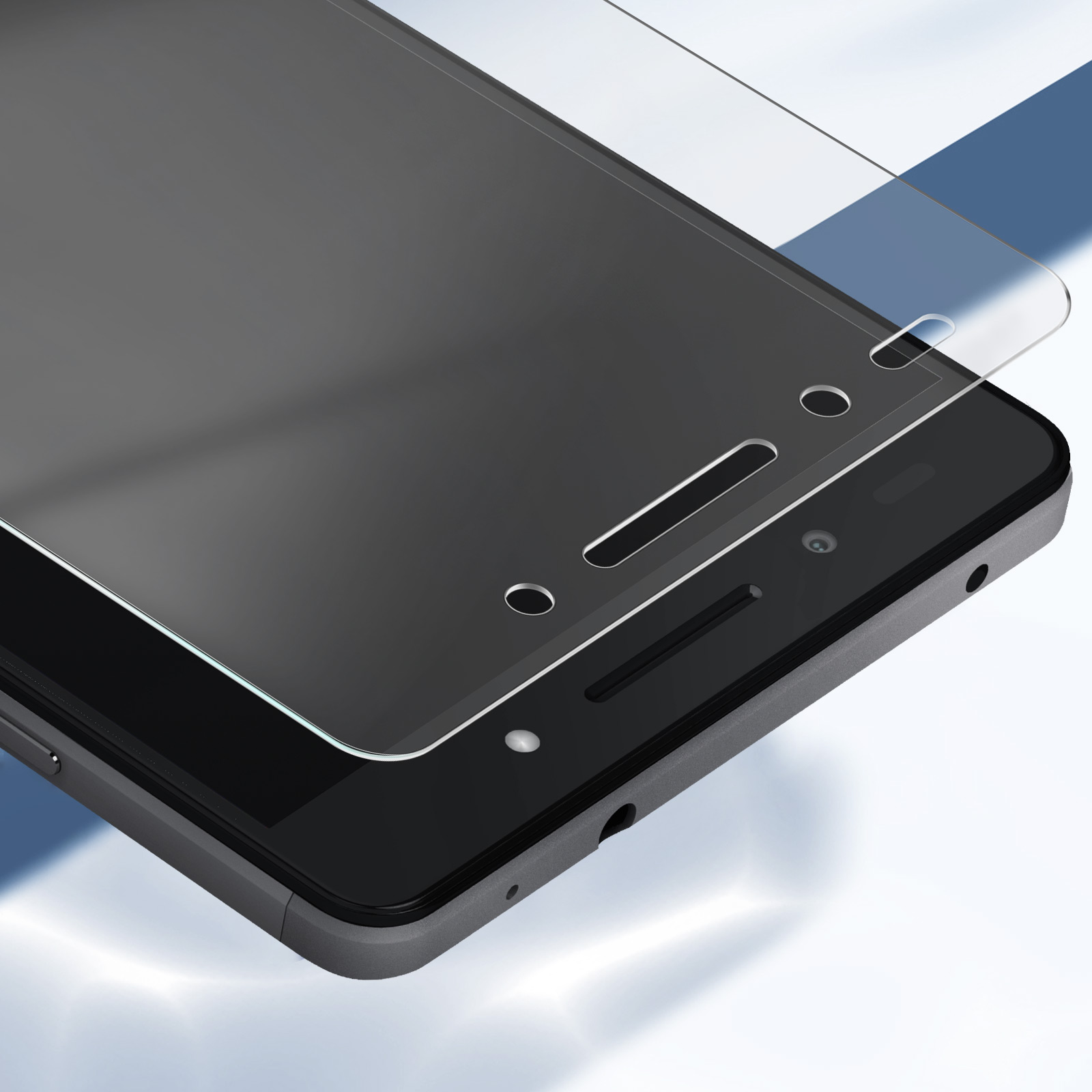 Uno smartphone con una protezione per lo schermo applicata. Il telefono è nero, con una protezione trasparente. Lo sfondo è azzurro.