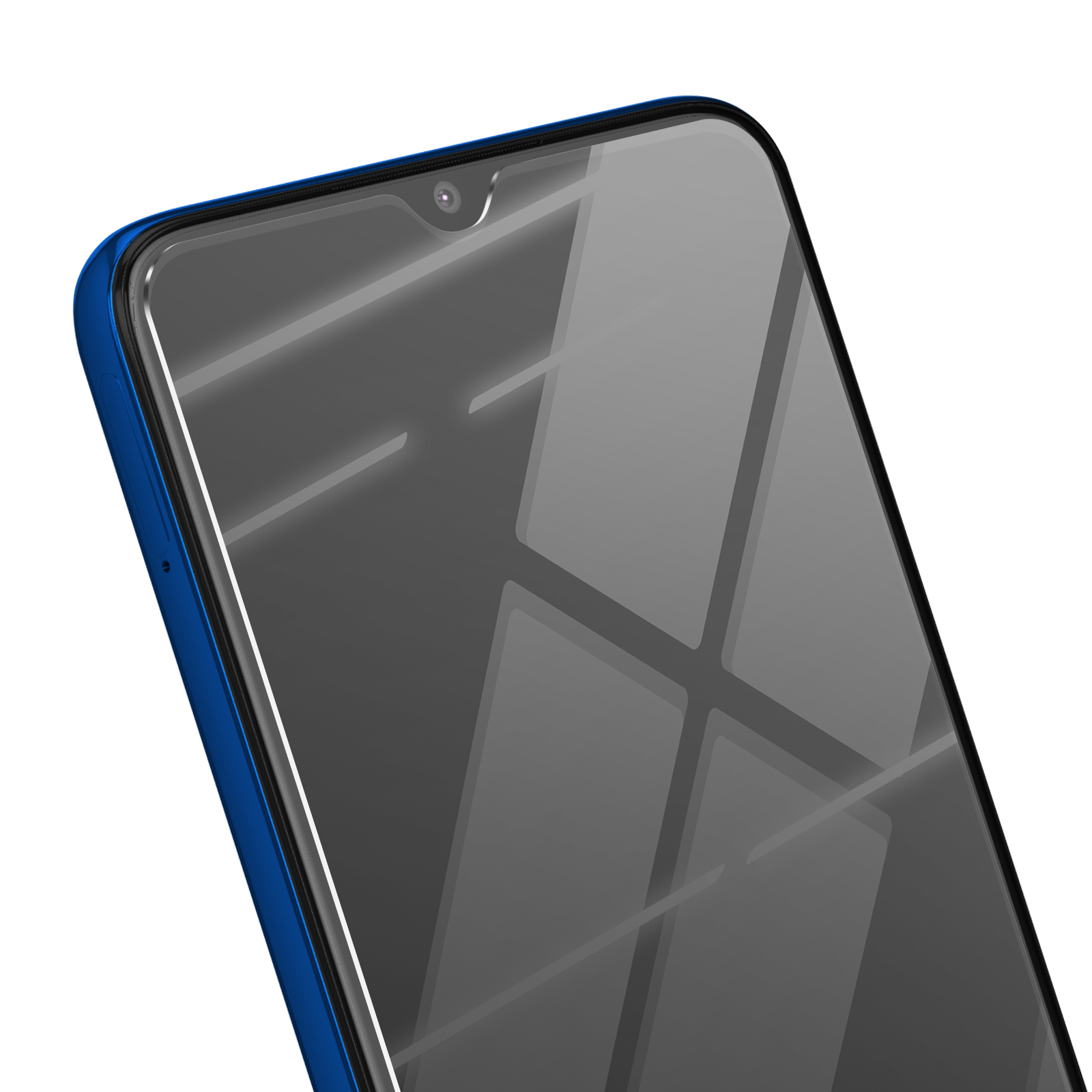 Primo piano di uno smartphone blu con schermo nero. Lo schermo riflette la luce. Una fotocamera è visibile in alto.