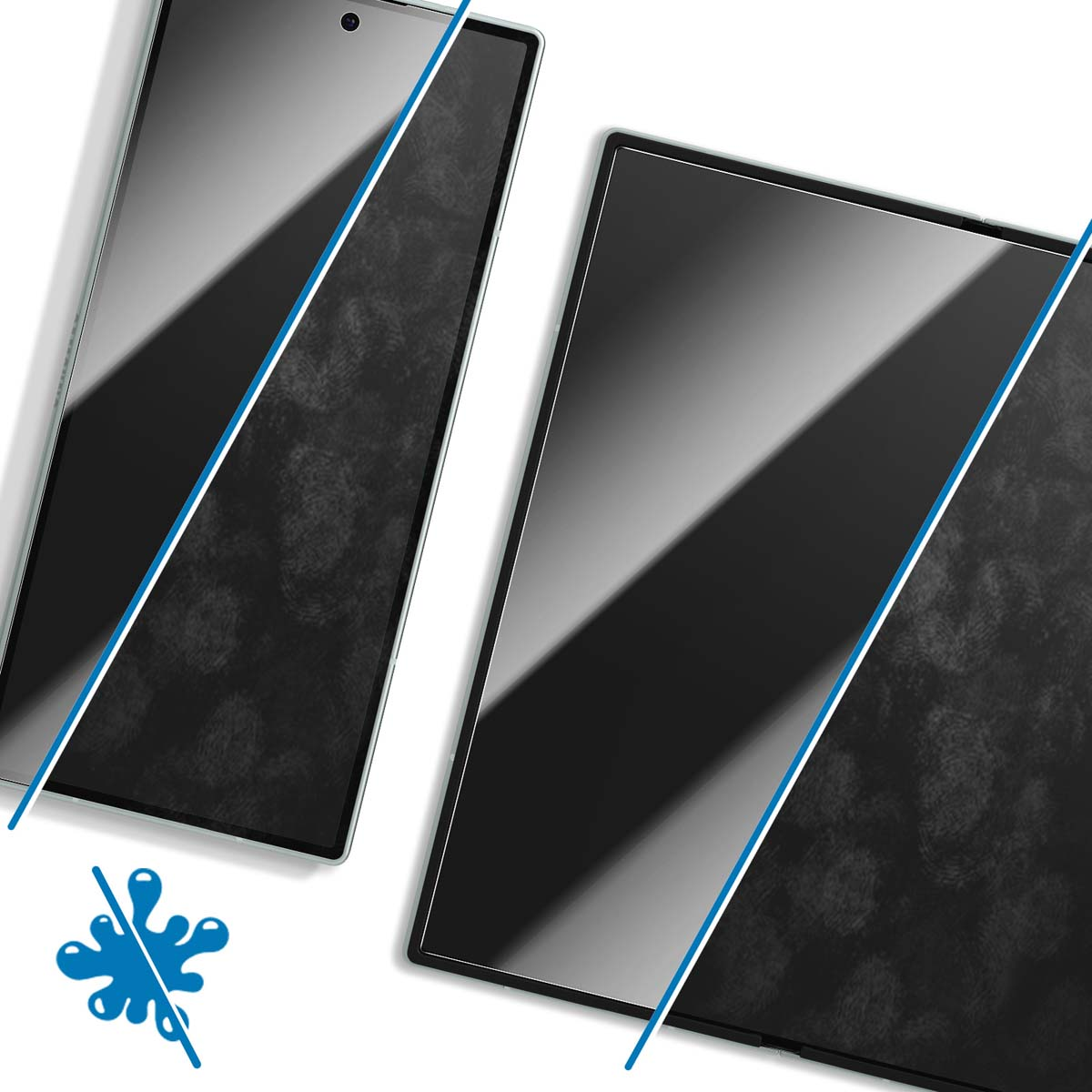 Due schermi rettangolari, uno con impronte digitali e l'altro liscio. Una linea diagonale blu li attraversa. Visibile un'icona a goccia d'acqua.