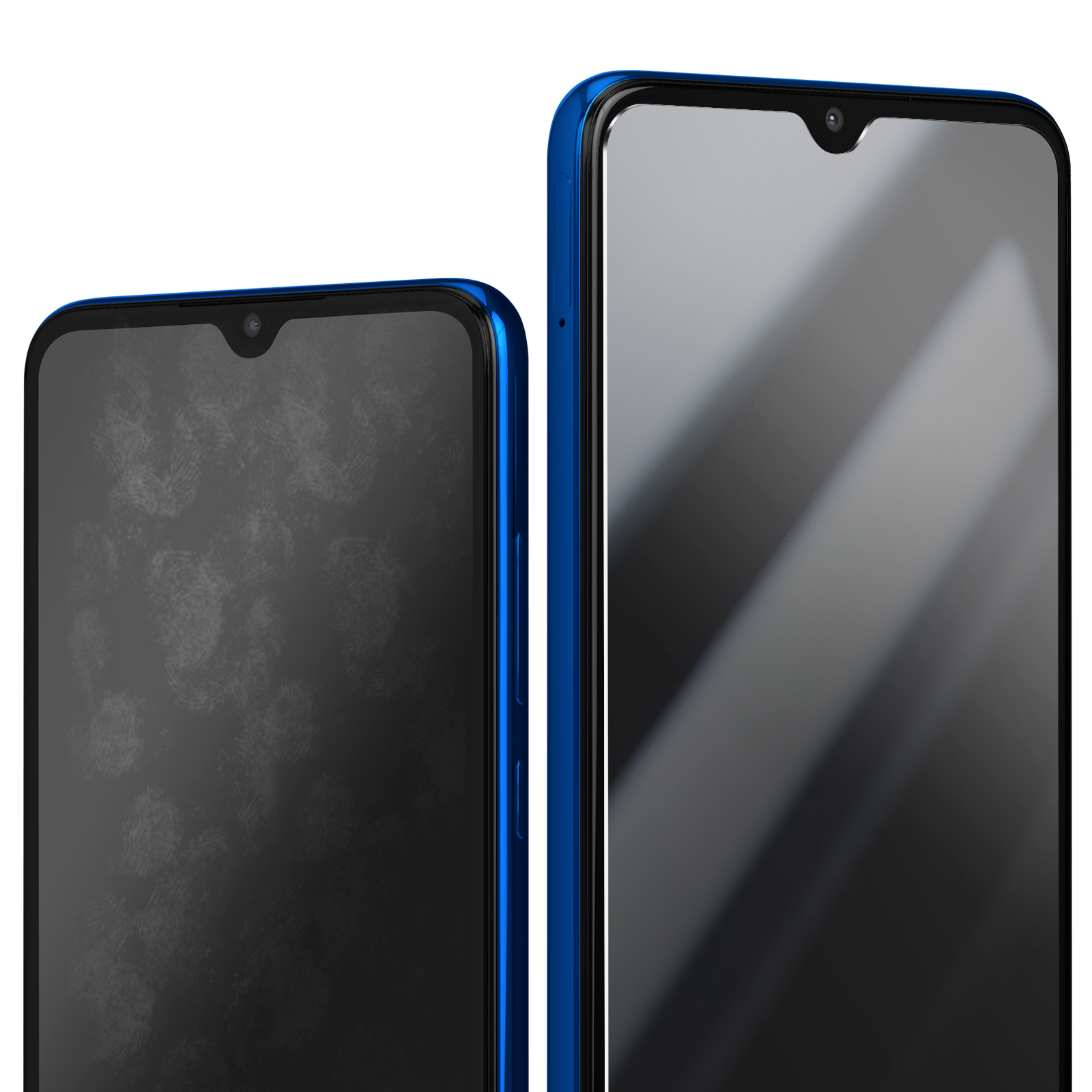 Due smartphone blu su sfondo bianco. Uno ha impronte digitali, l'altro uno schermo pulito. Entrambi hanno una fotocamera.