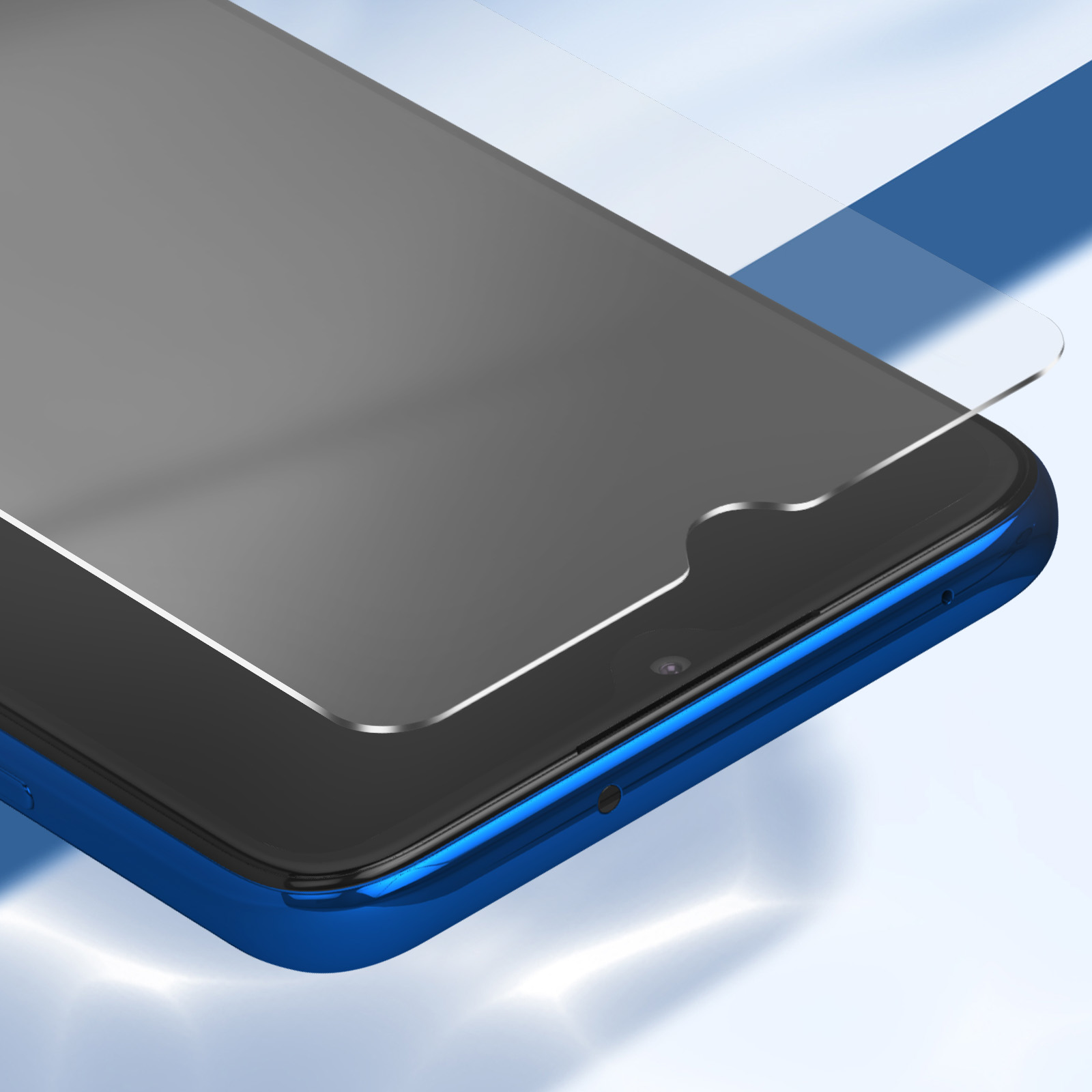 Uno smartphone blu con una protezione per lo schermo applicata. La protezione copre lo schermo, la fotocamera visibile.