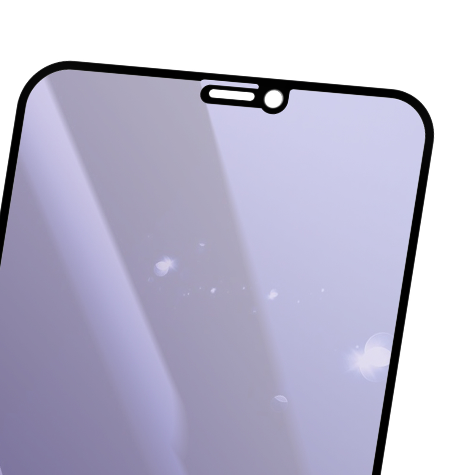 Uno schermo di smartphone con una tacca in alto per fotocamera e sensori. Lo schermo ha una sfumatura viola.