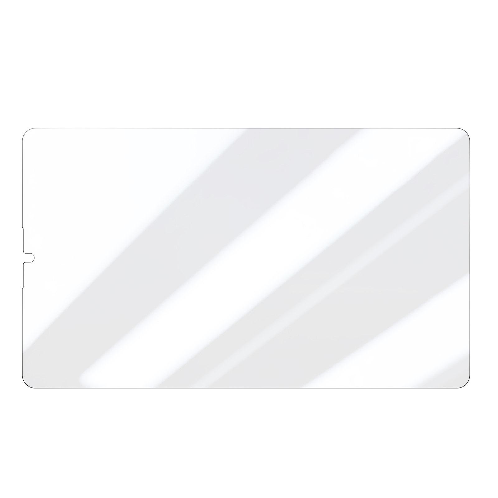 Un foglio rettangolare di vetro o plastica trasparente con angoli arrotondati e un ritaglio su un lato, con luce e ombra.