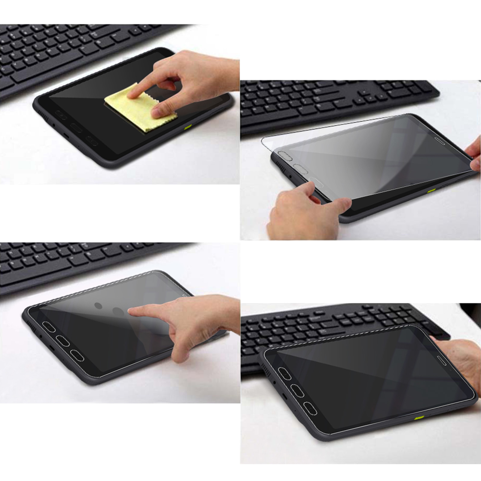 Mani che puliscono lo schermo di un tablet con un panno, applicano una protezione per lo schermo e interagiscono con lo schermo, vicino a una tastiera.