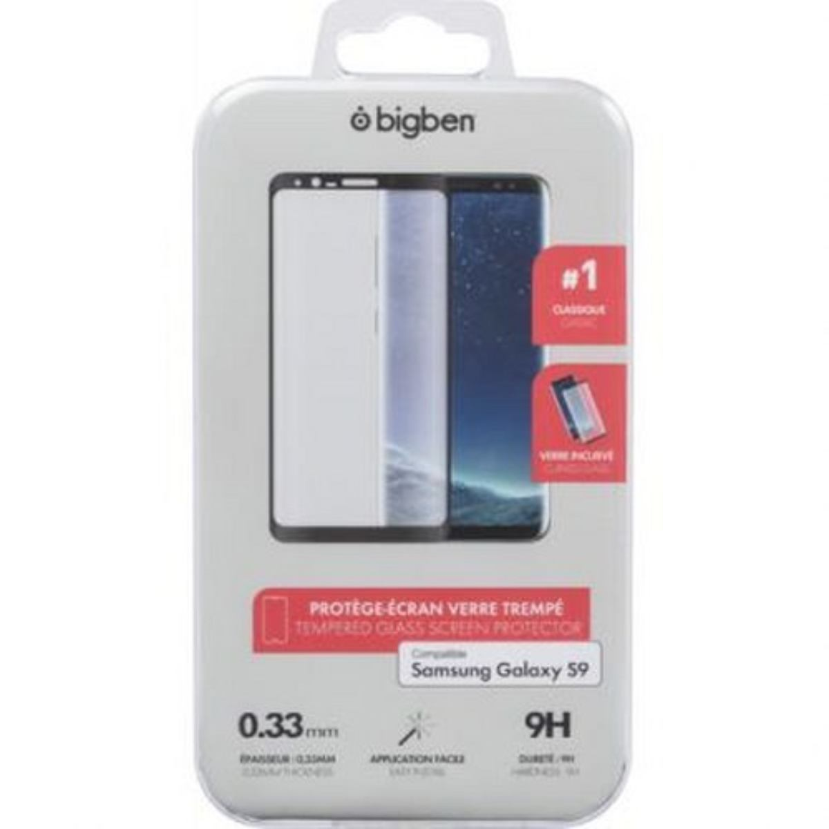 Una confezione per un proteggi schermo Samsung Galaxy S9. Mostra il proteggi schermo e ha etichette di testo.