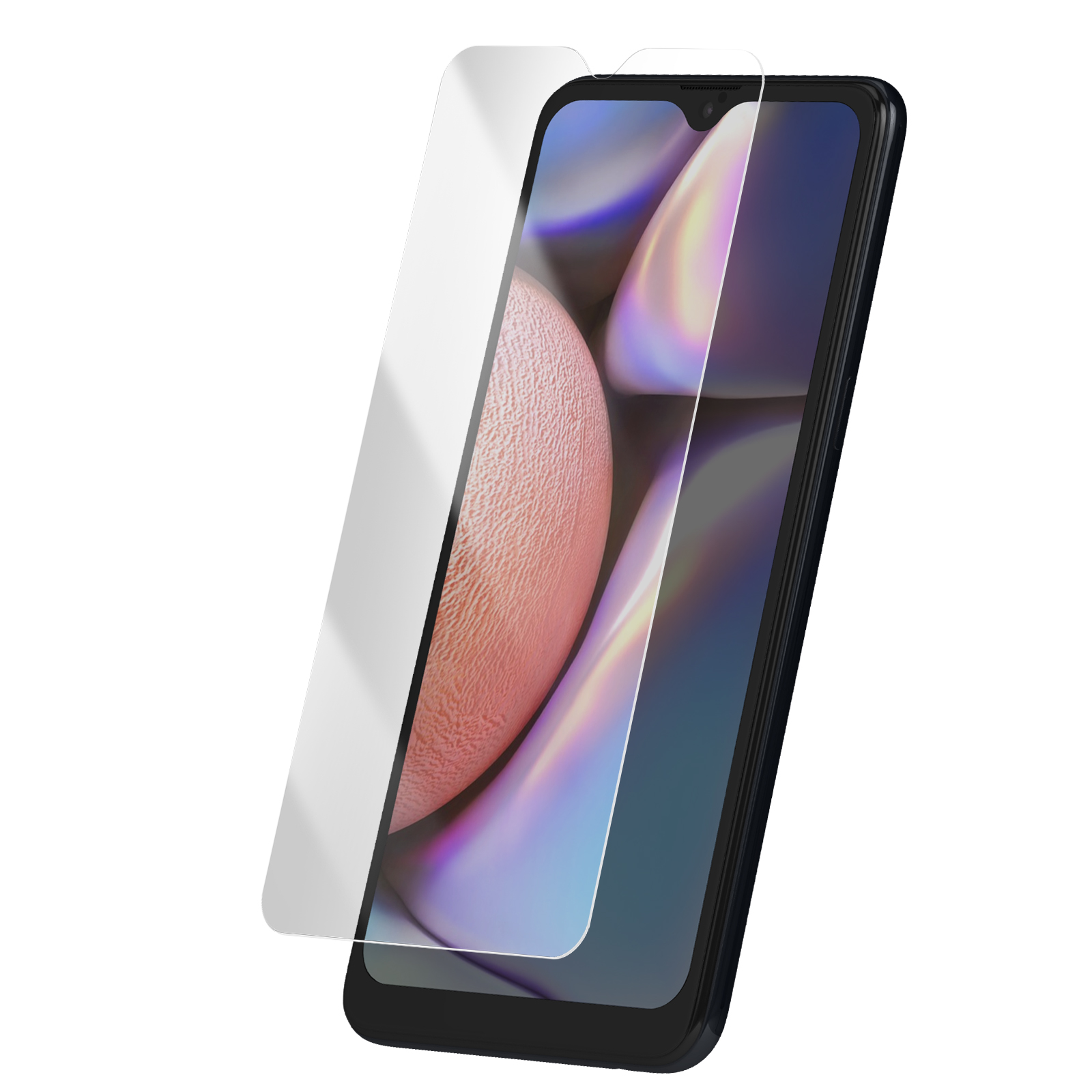 Uno smartphone nero con una protezione per lo schermo su sfondo bianco.