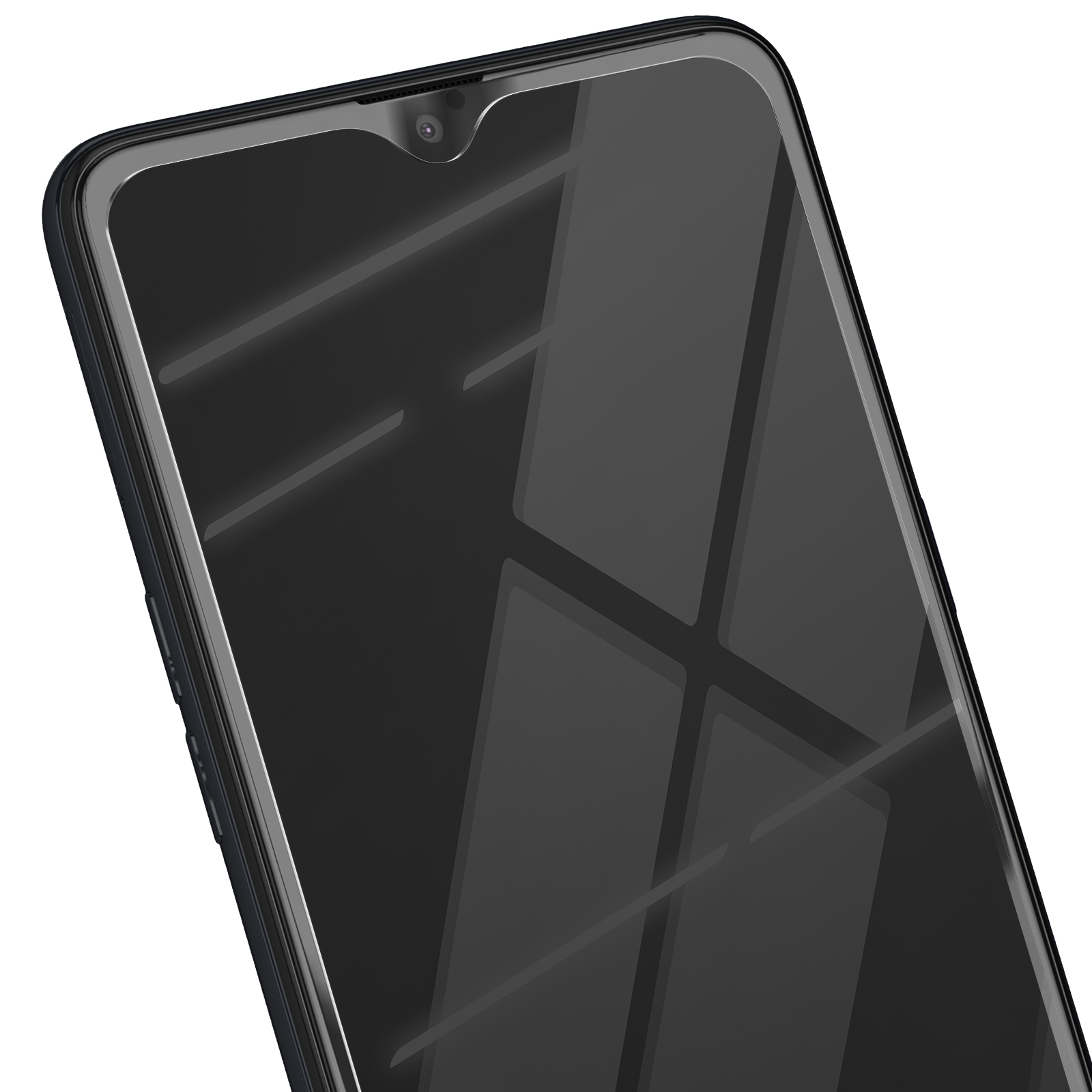 Primo piano di uno smartphone. Lo schermo è nero e riflettente. Il telefono ha un notch in alto.