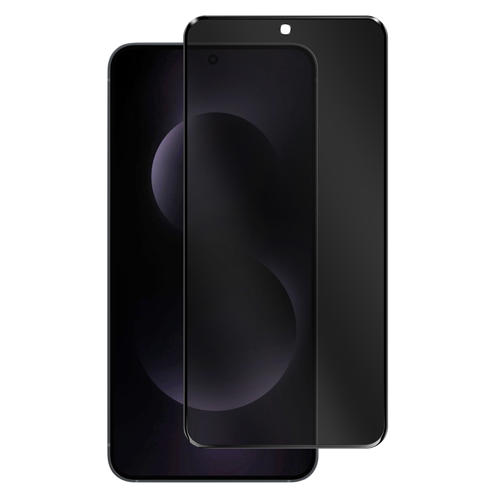 Tre smartphone neri, uno con protezione schermo, su sfondo bianco. Gli schermi sono scuri.