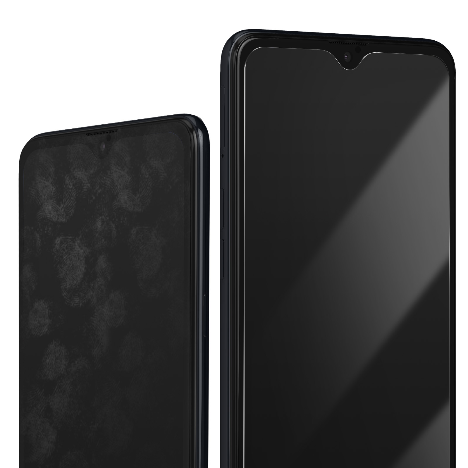 Due smartphone neri uno accanto all'altro. Uno ha molte impronte digitali. Entrambi hanno fotocamere frontali e schermo nero.