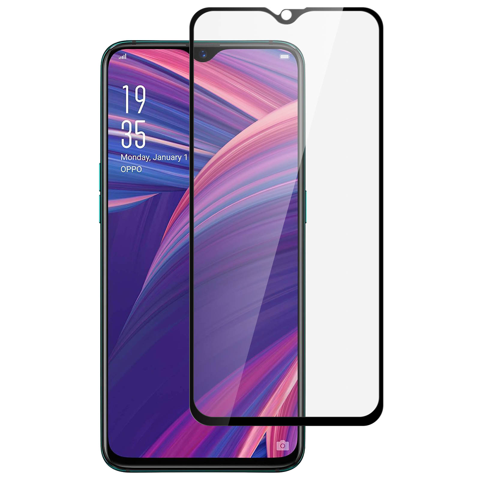 Uno smartphone con protezione schermo. Il telefono mostra ora e data. La protezione è trasparente con bordo nero.