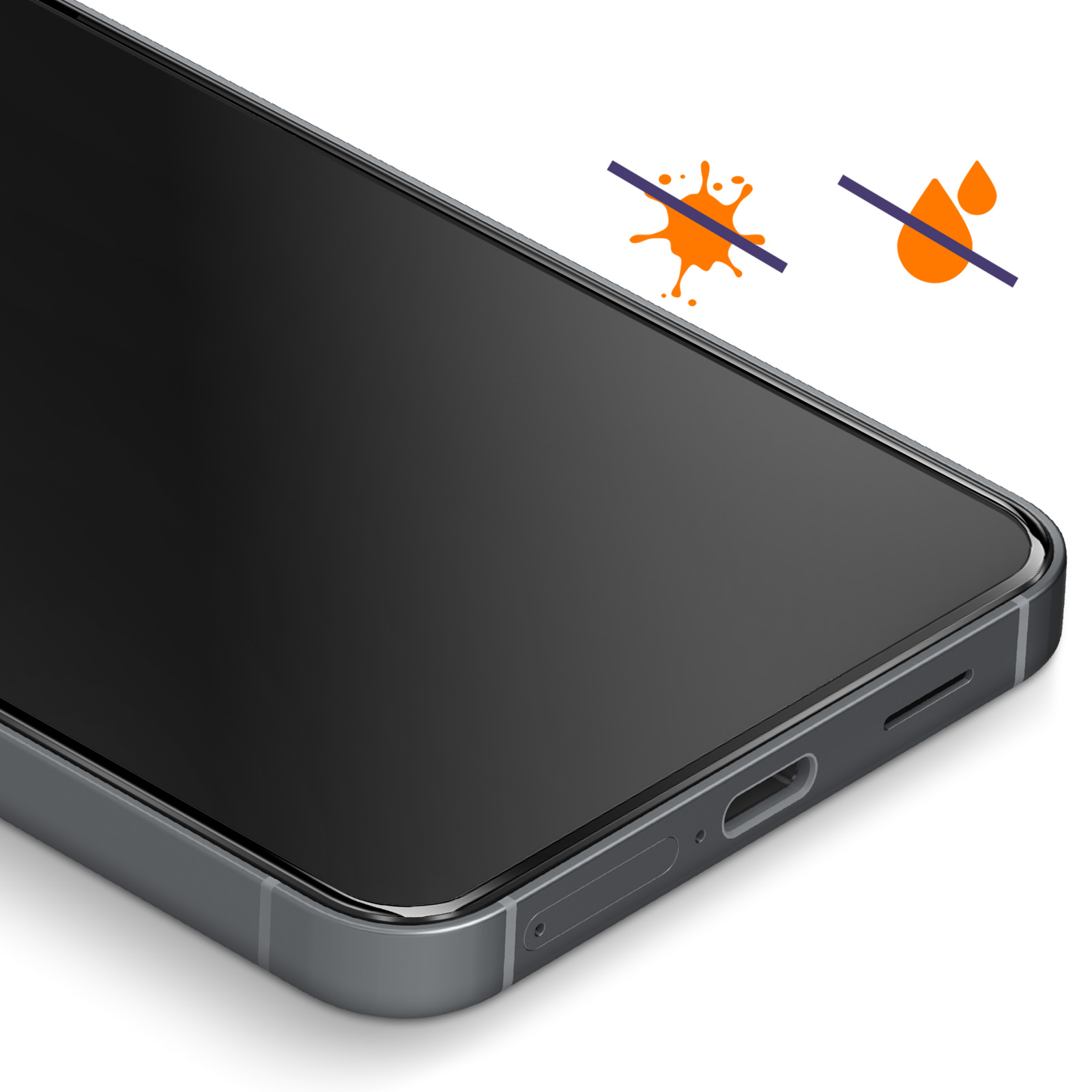 Schermo smartphone con icone di schizzi e gocce d'acqua arancioni con una linea.