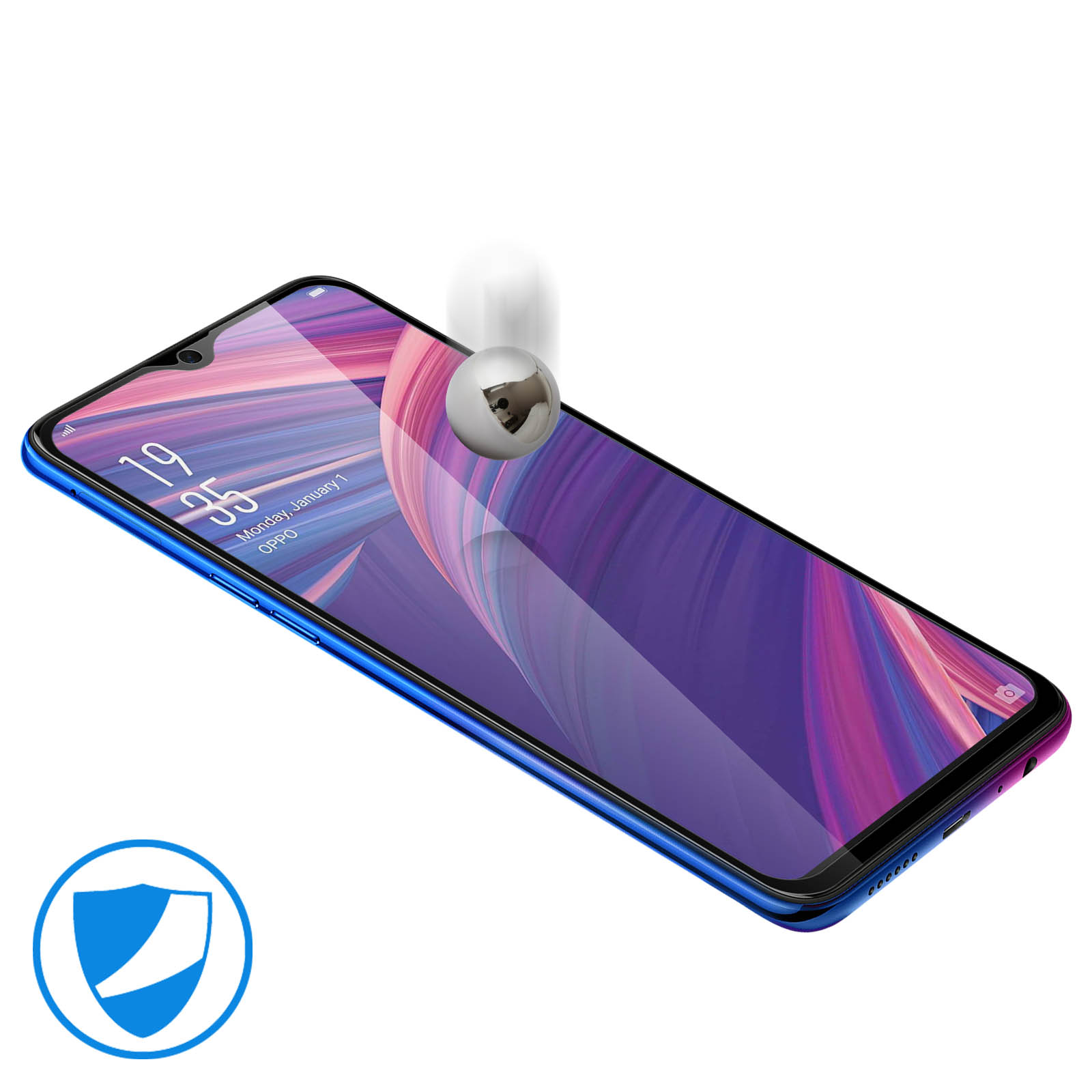 Un telefono blu mostra uno schermo viola, con una sfera d'argento sopra. Un'icona a scudo è nell'angolo.