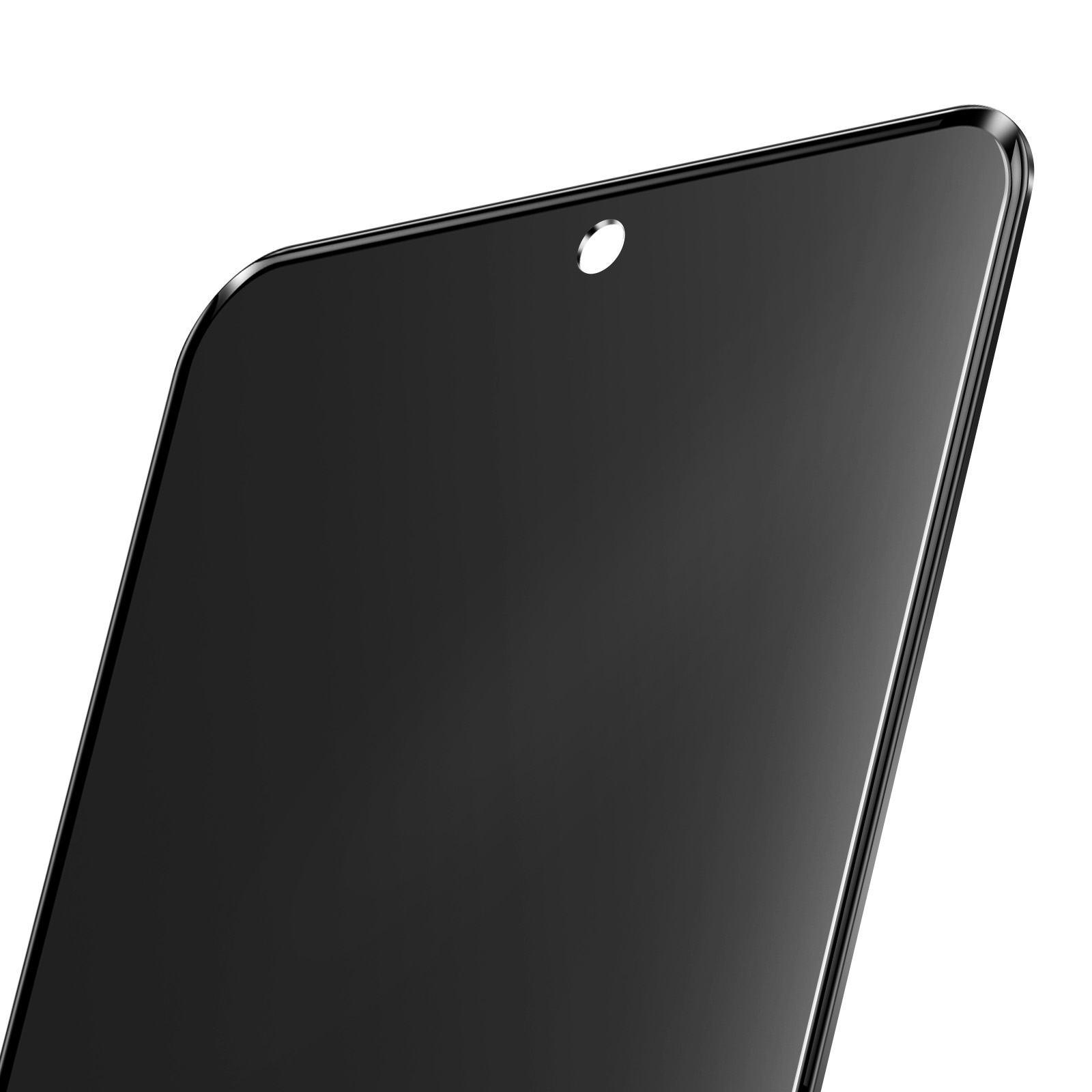 Uno schermo nero lucido per smartphone con un piccolo foro per la fotocamera. Lo schermo è in primo piano, sfondo bianco.