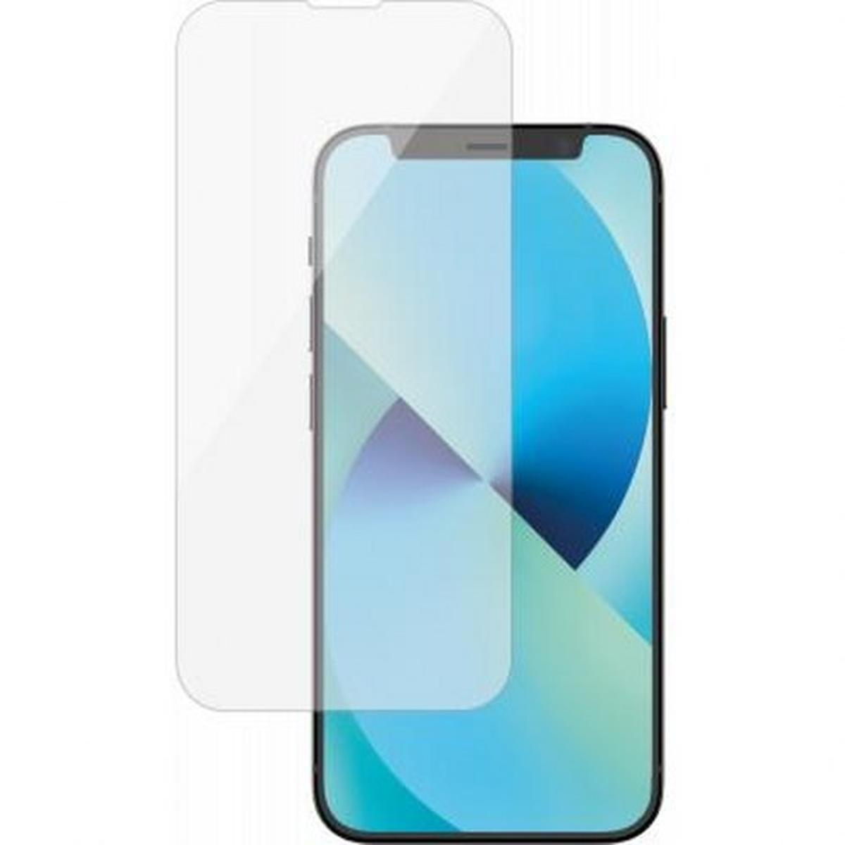 Uno smartphone con una protezione per lo schermo. Il telefono ha uno sfondo astratto blu e bianco sullo schermo.
